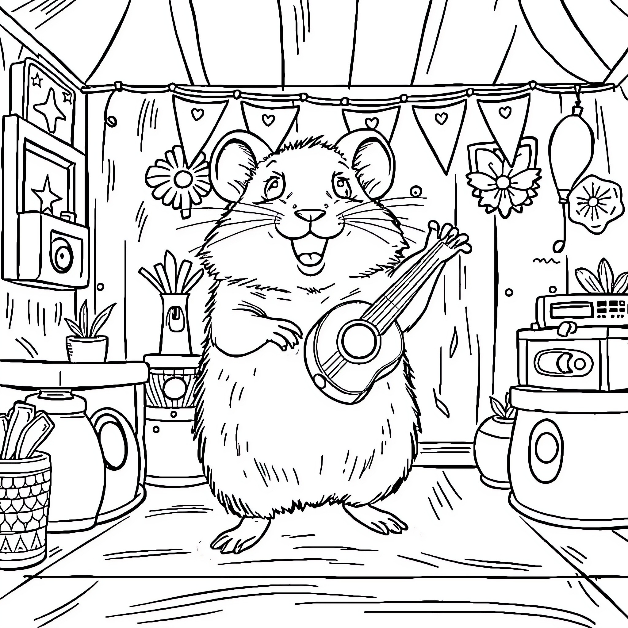 Hamster playing guitar in cozy home Coloring Page (free black-and-white line drawing printable PDF for all, from beginners to advanced learners, including children, teens, adults, and seniors)