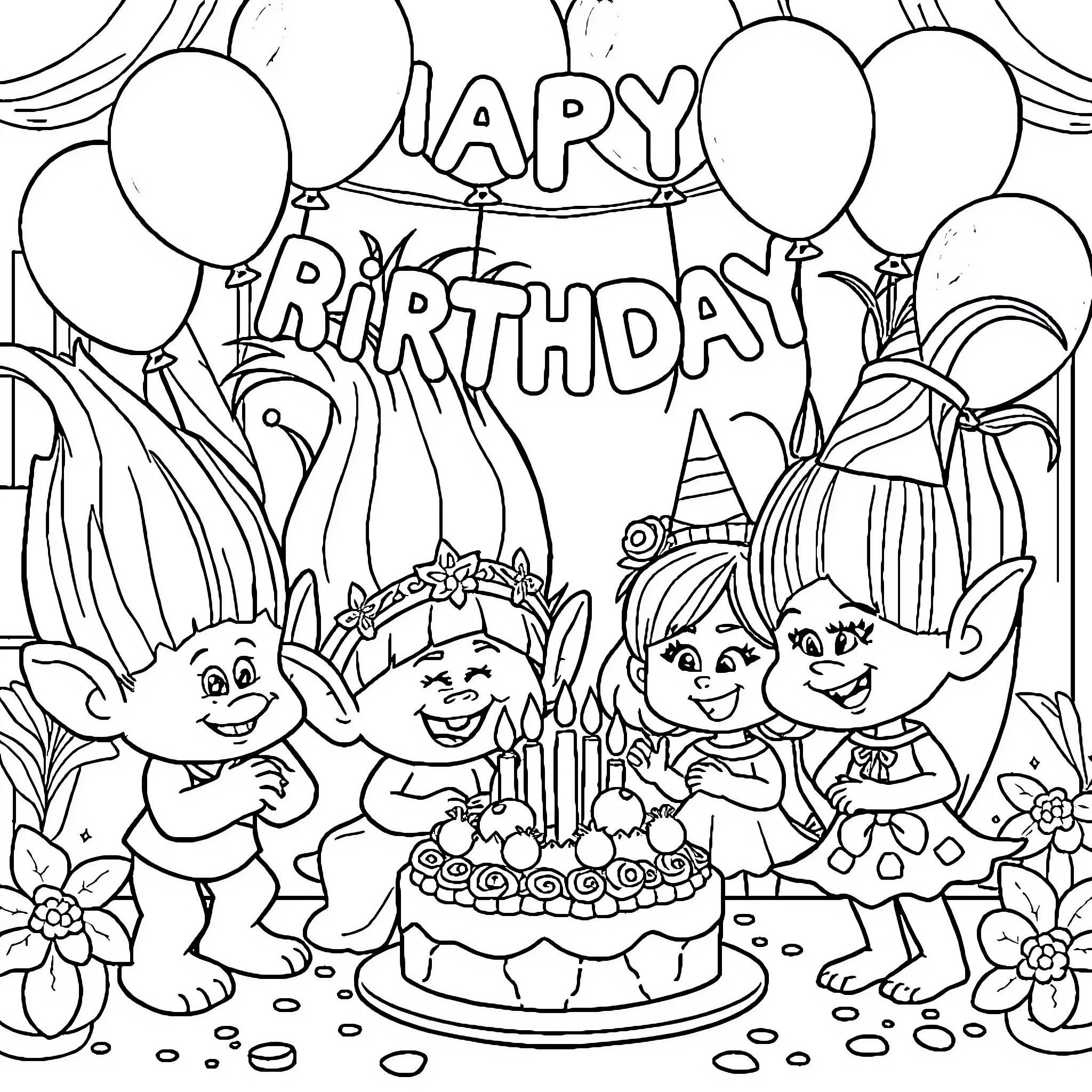 Trolls celebrating a birthday party with cake and balloons Coloring Page (free black-and-white line drawing printable PDF for all, from beginners to advanced learners, including children, teens, adults, and seniors)