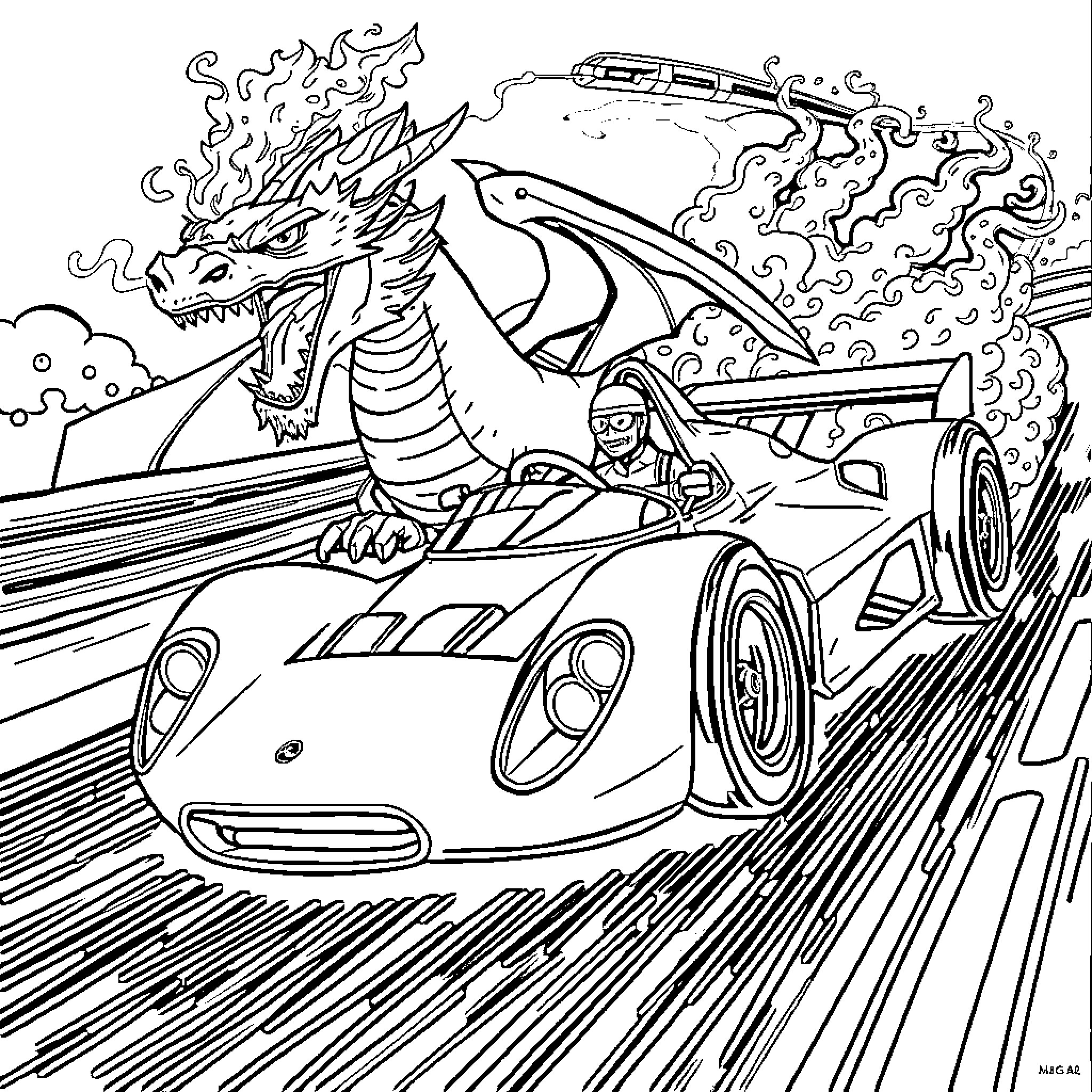 Race Car Driven by Heroic Rider Chasing Ferocious Dragon Coloring Page (free black-and-white line drawing printable PDF for all, from beginners to advanced learners, including children, teens, adults, and seniors)