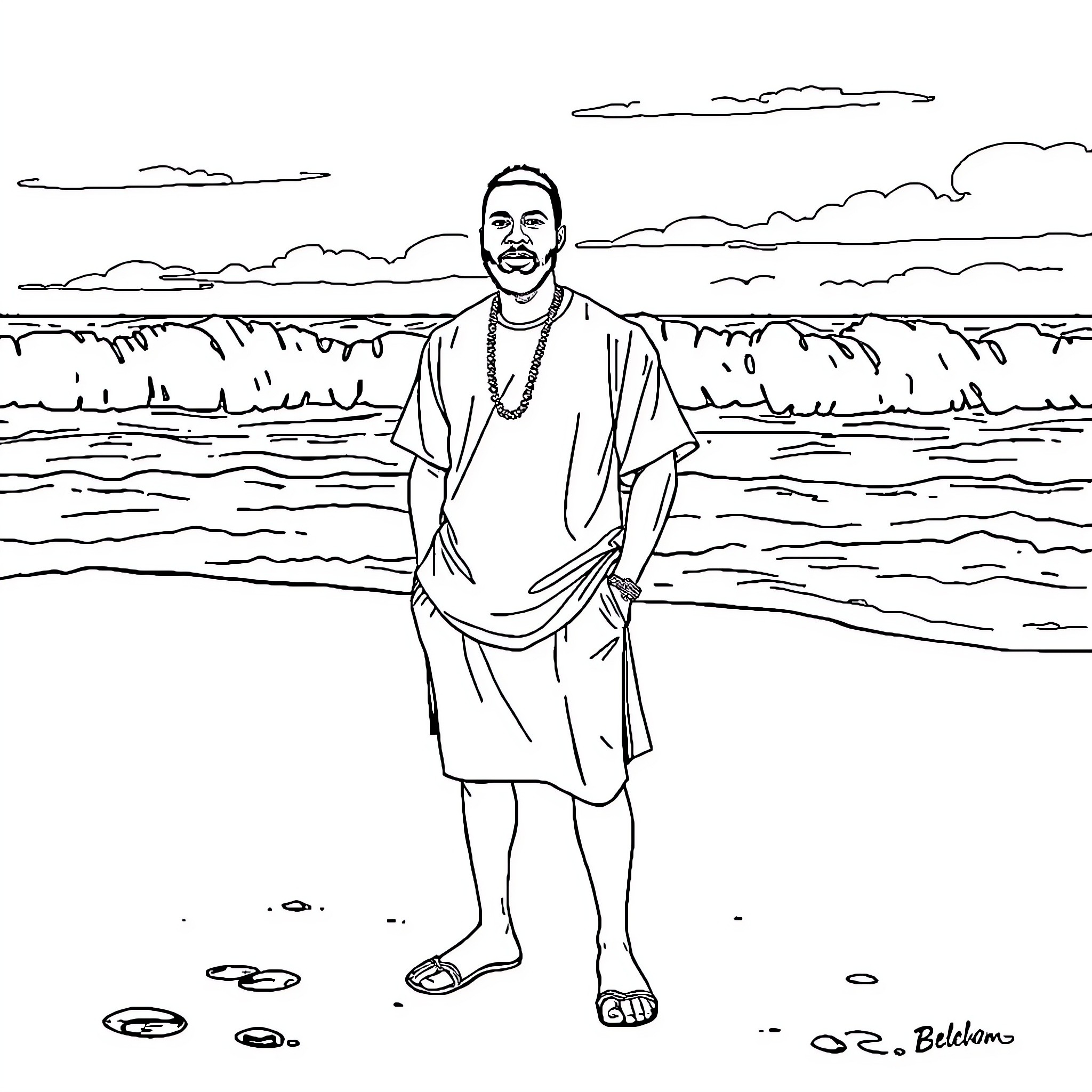 Ossai Ijeoma Festus standing by the shore Coloring Page (free black-and-white line drawing printable PDF for all, from beginners to advanced learners, including children, teens, adults, and seniors)