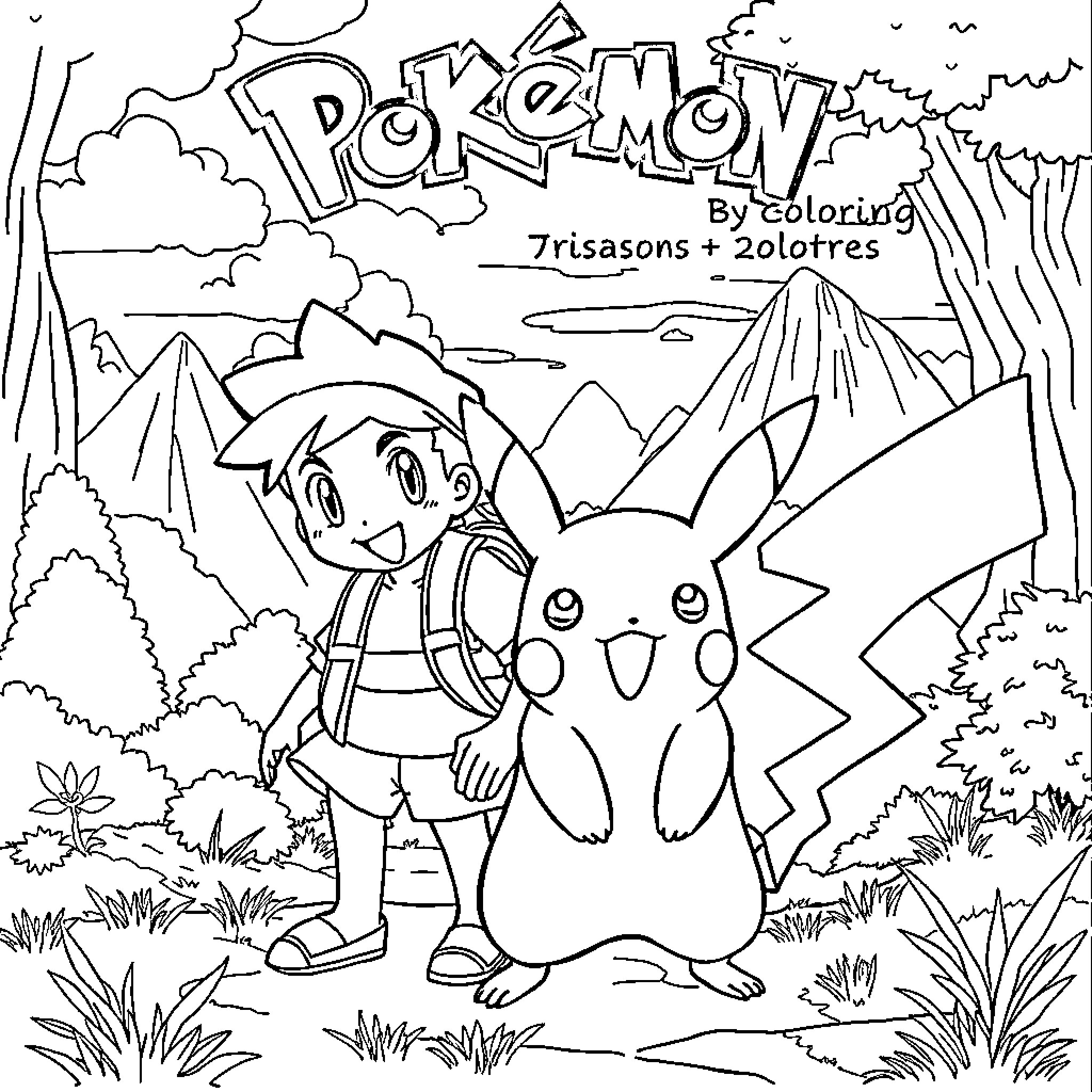 Pokémon characters in a scenic nature setting Coloring Page (free black-and-white line drawing printable PDF for all, from beginners to advanced learners, including children, teens, adults, and seniors)