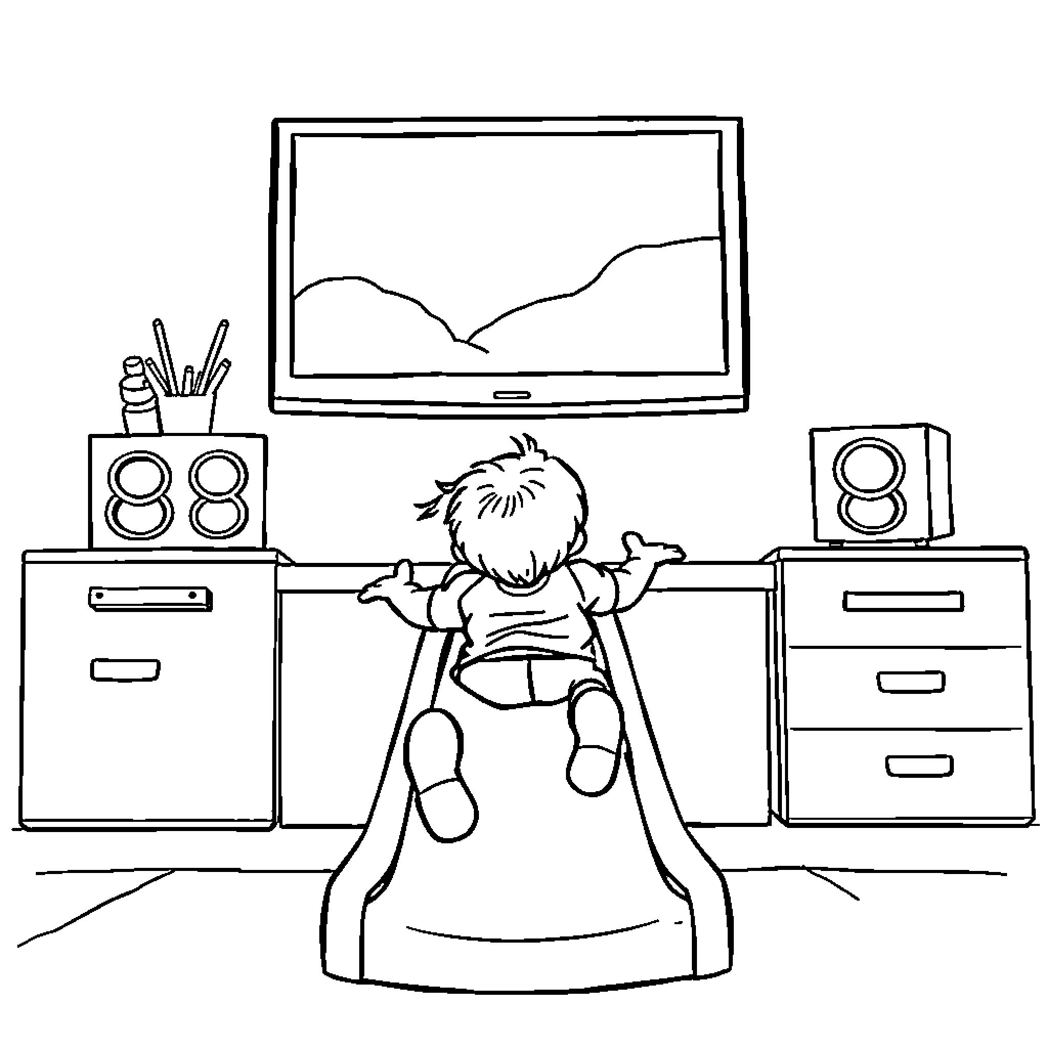 Kid enjoying entertainment at home Coloring Page (free black-and-white line drawing printable PDF for all, from beginners to advanced learners, including children, teens, adults, and seniors)
