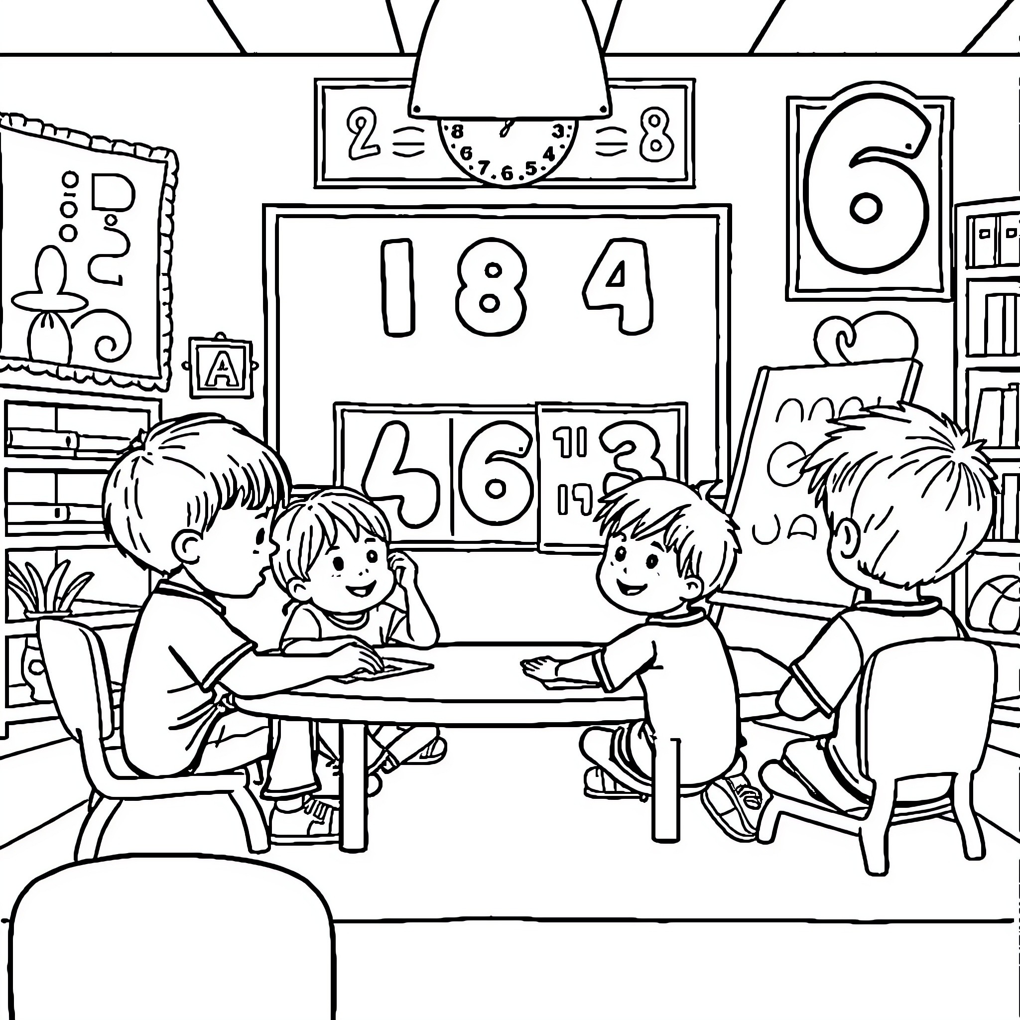 Number Children Learning Math in Classroom Coloring Page (free black-and-white line drawing printable PDF for all, from beginners to advanced learners, including children, teens, adults, and seniors)