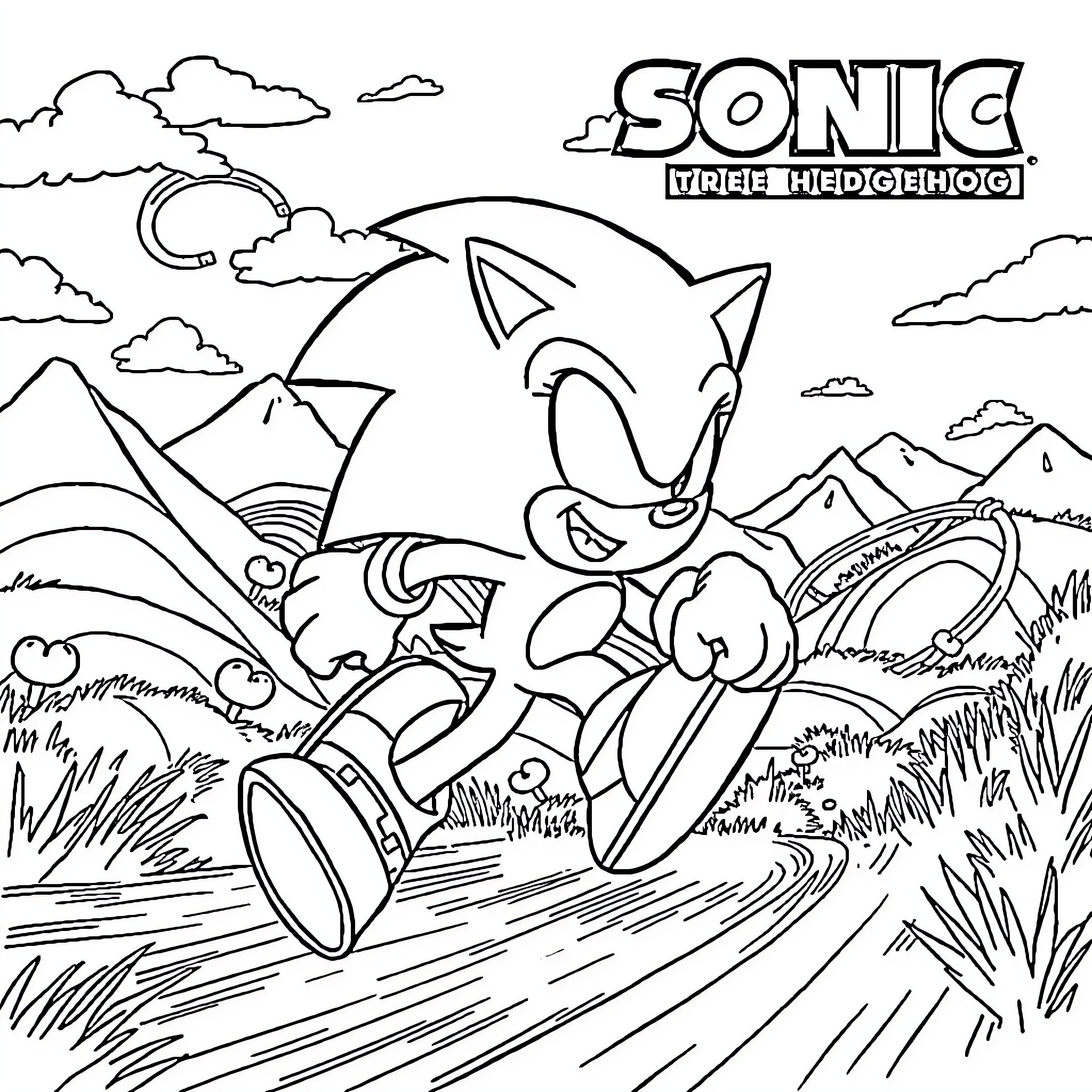 Sonic running through the countryside Coloring Page (free black-and-white line drawing printable PDF for all, from beginners to advanced learners, including children, teens, adults, and seniors)