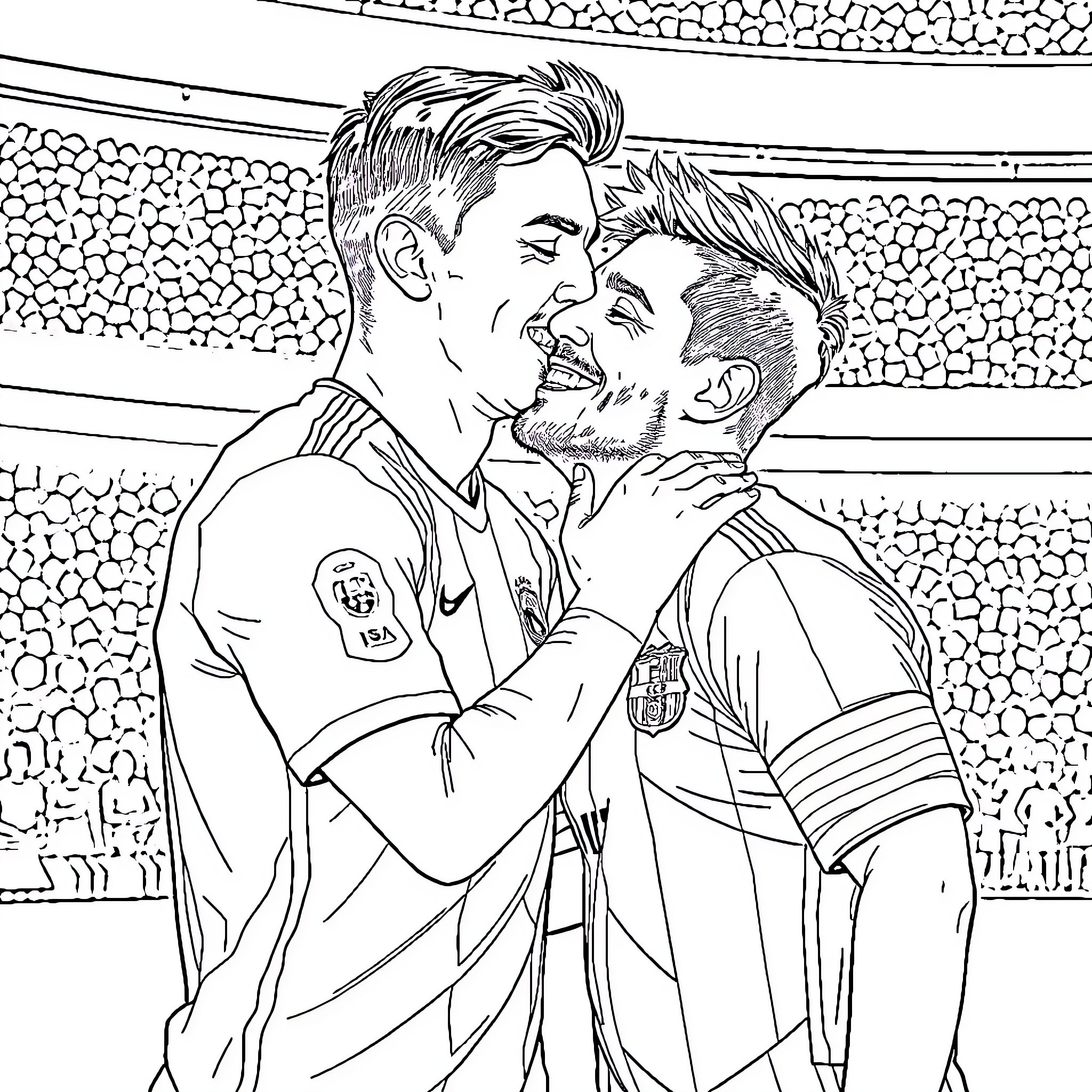 Ronaldo's Celebratory Embrace with Teammate Coloring Page (free black-and-white line drawing printable PDF for all, from beginners to advanced learners, including children, teens, adults, and seniors)