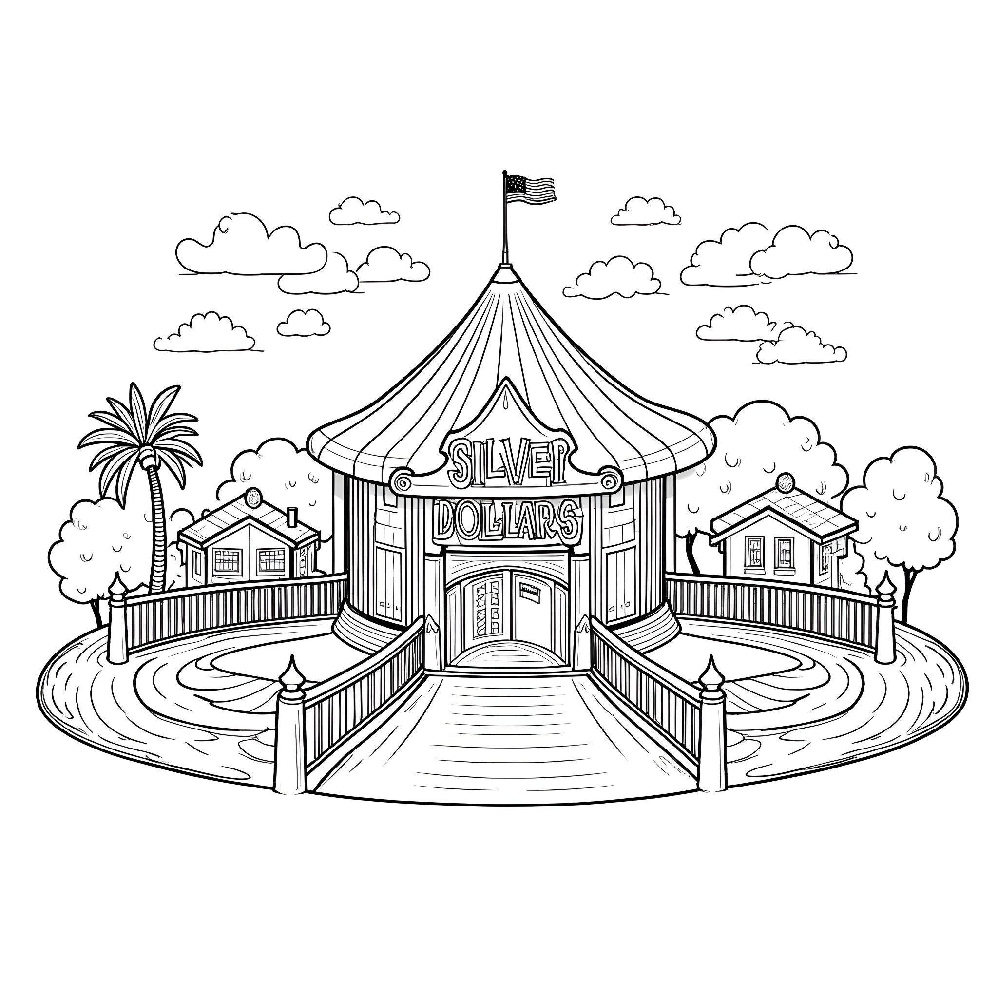 Silver Dollar City Carnival Attraction Coloring Page (free black-and-white line drawing printable PDF for all, from beginners to advanced learners, including children, teens, adults, and seniors)
