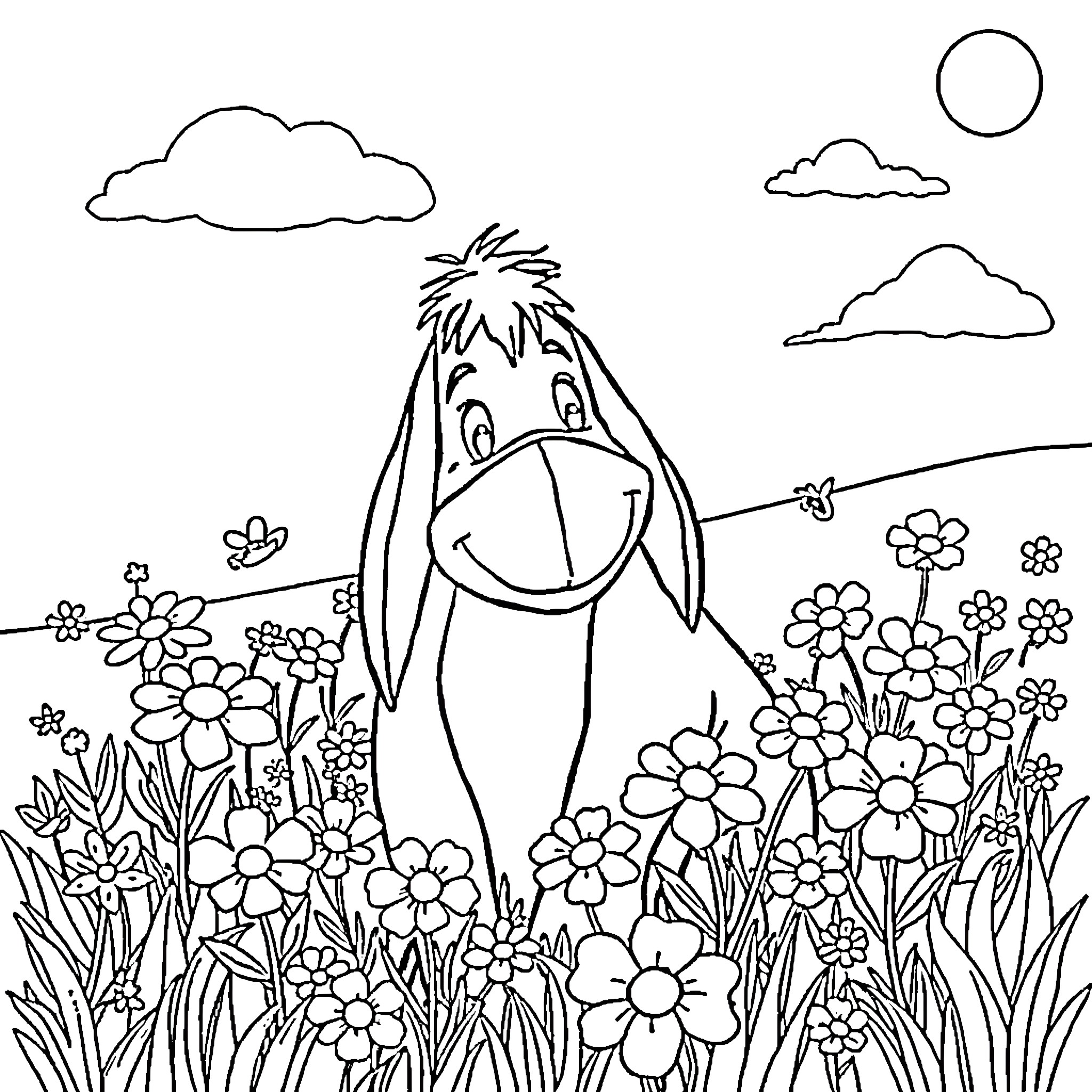 Eeyore amidst a cheerful floral landscape Coloring Page (free black-and-white line drawing printable PDF for all, from beginners to advanced learners, including children, teens, adults, and seniors)