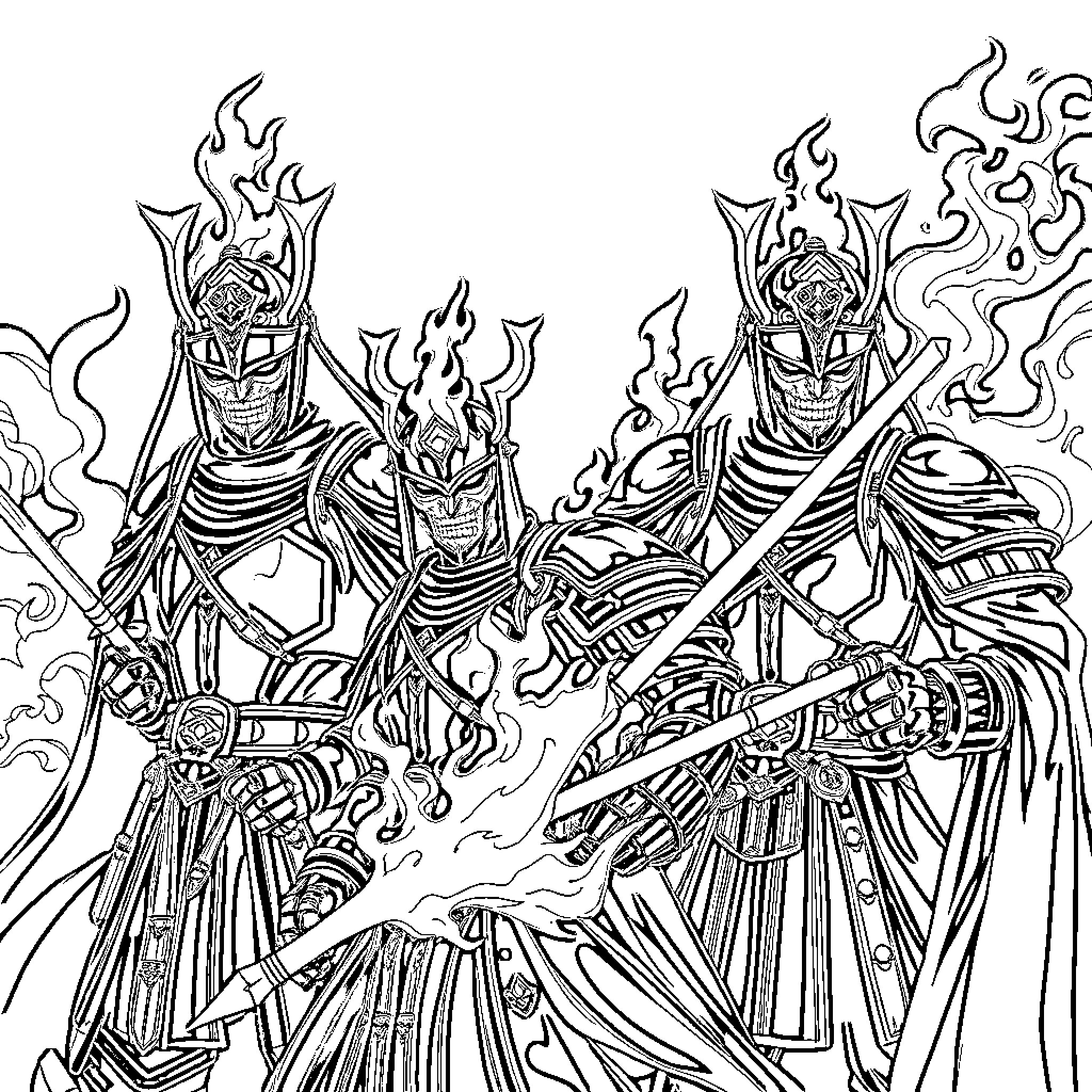 Ronin Warriors in Fierce Battle Stance Coloring Page (free black-and-white line drawing printable PDF for all, from beginners to advanced learners, including children, teens, adults, and seniors)