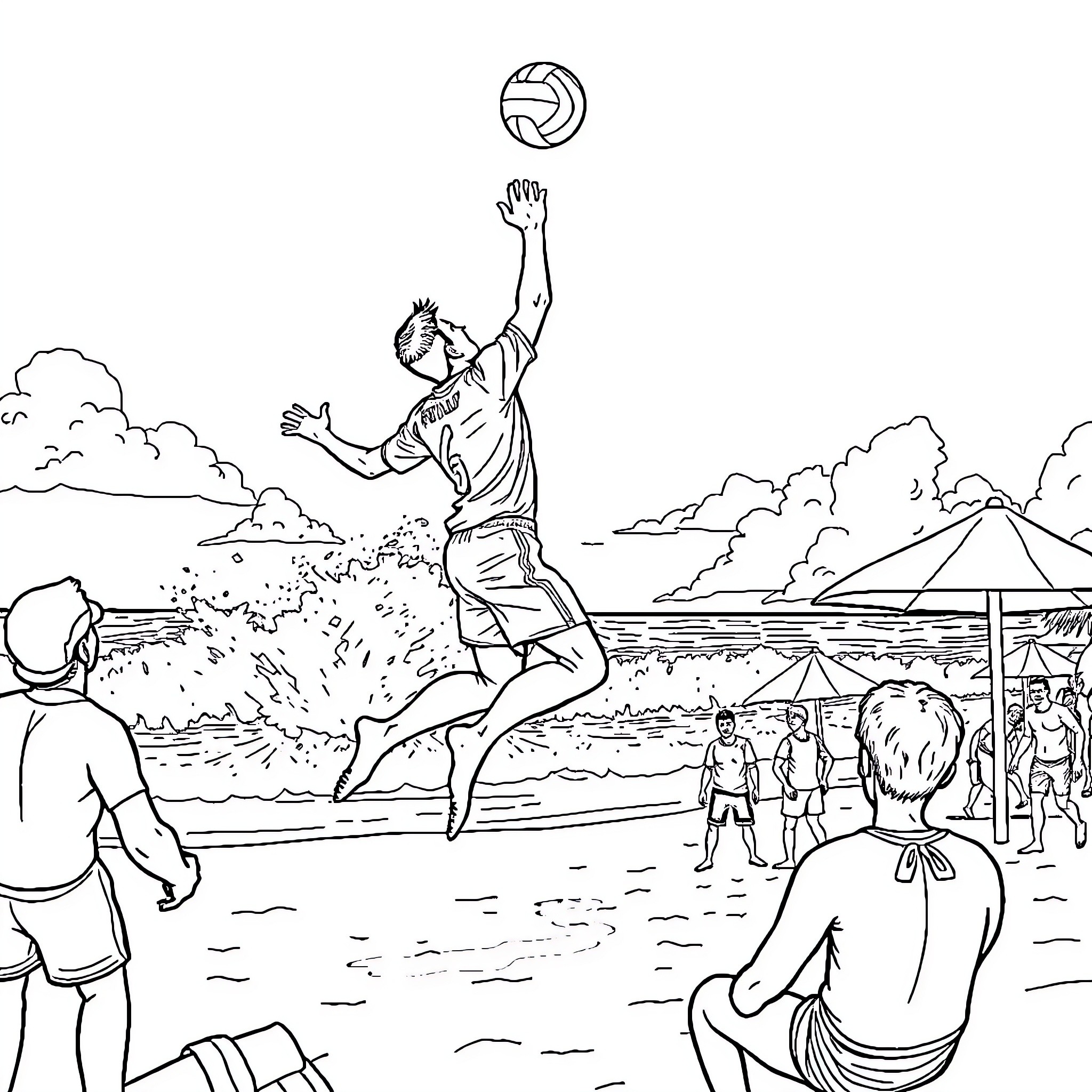 Ronaldo playing volleyball at the beach Coloring Page (free black-and-white line drawing printable PDF for all, from beginners to advanced learners, including children, teens, adults, and seniors)