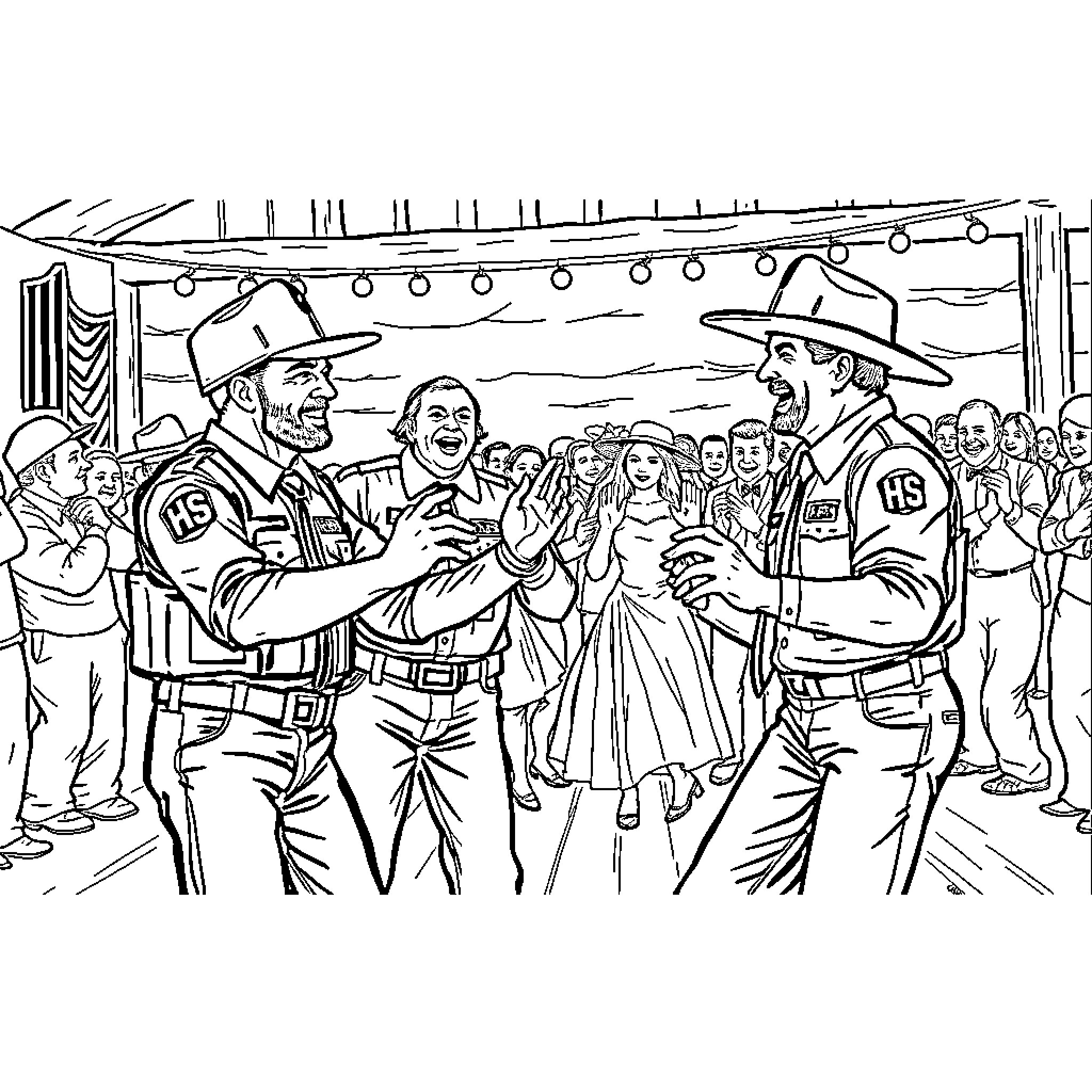 DHS Agents Engaging in Community Interaction Coloring Page (free black-and-white line drawing printable PDF for all, from beginners to advanced learners, including children, teens, adults, and seniors)