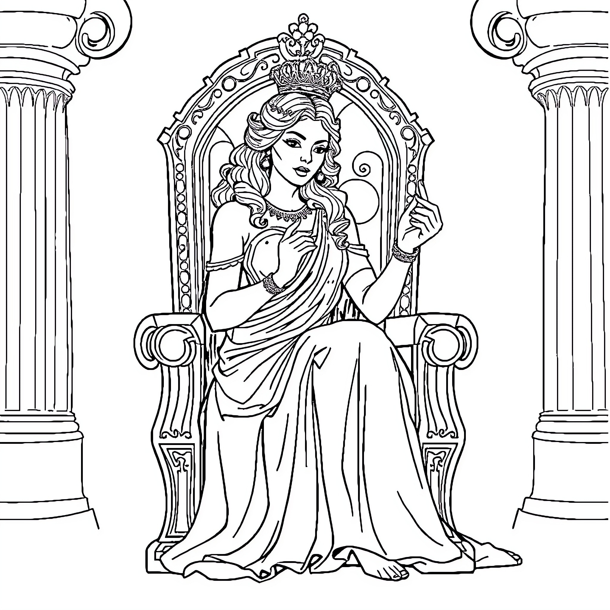 Princess on a Regal Throne Coloring Page (free black-and-white line drawing printable PDF for all, from beginners to advanced learners, including children, teens, adults, and seniors)