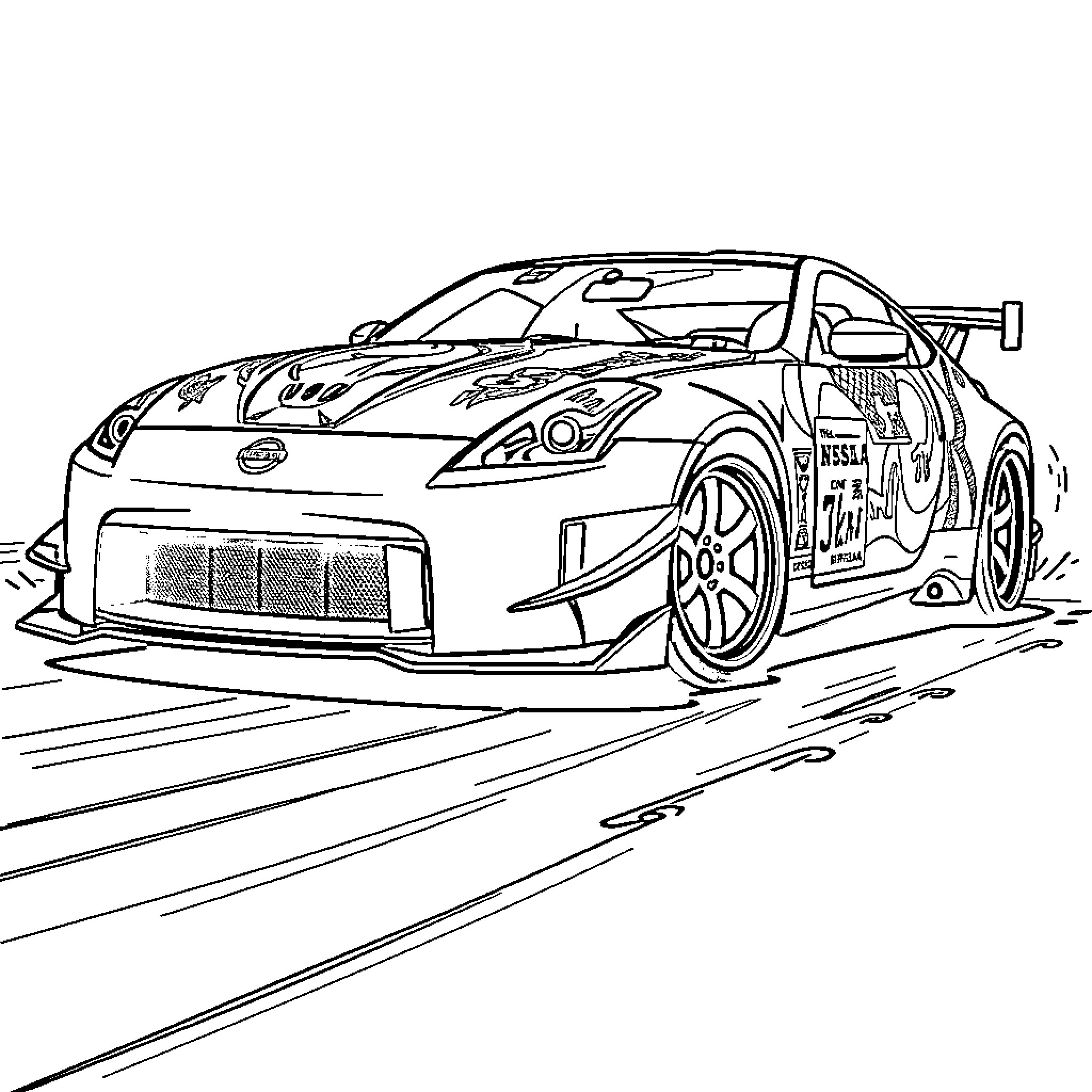Nissan 350z speeding through the track Coloring Page (free black-and-white line drawing printable PDF for all, from beginners to advanced learners, including children, teens, adults, and seniors)