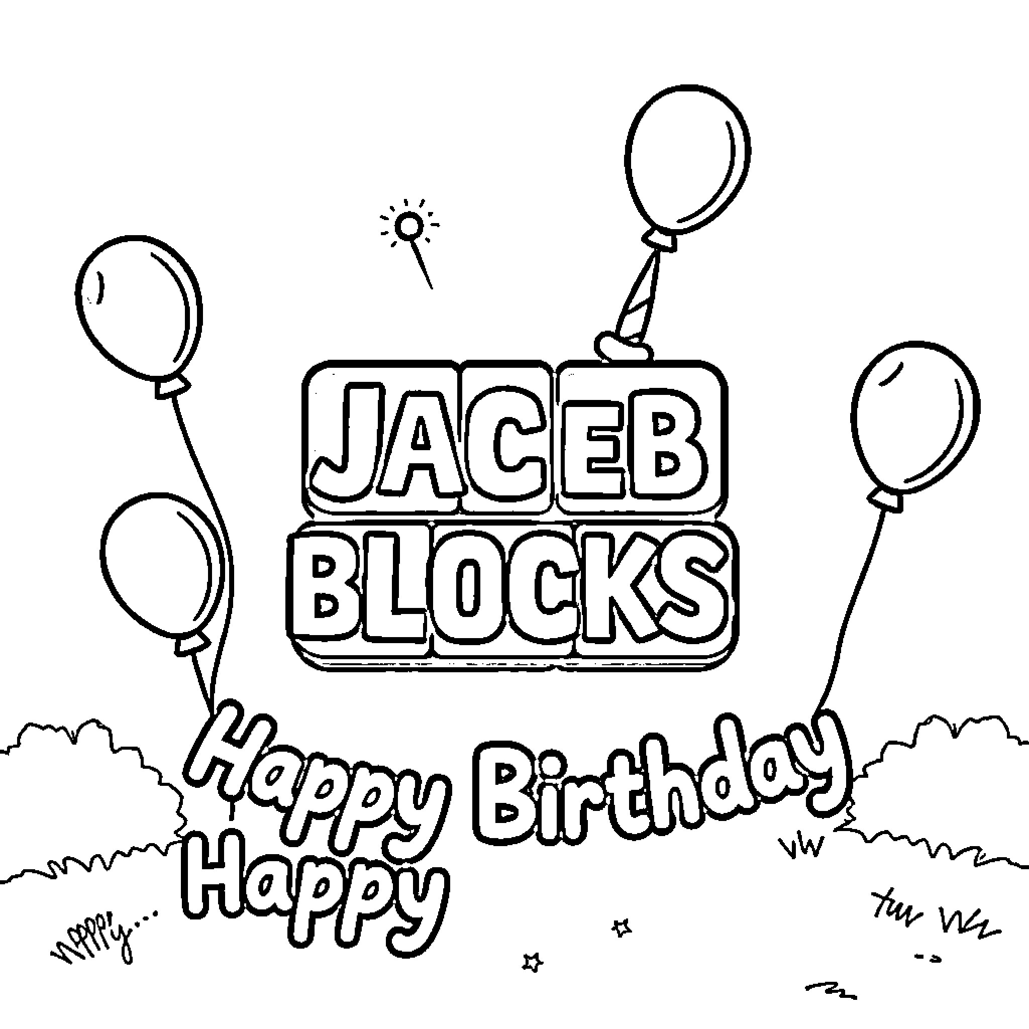 Jacob Blocks Celebrating Birthday with Balloons Coloring Page (free black-and-white line drawing printable PDF for all, from beginners to advanced learners, including children, teens, adults, and seniors)