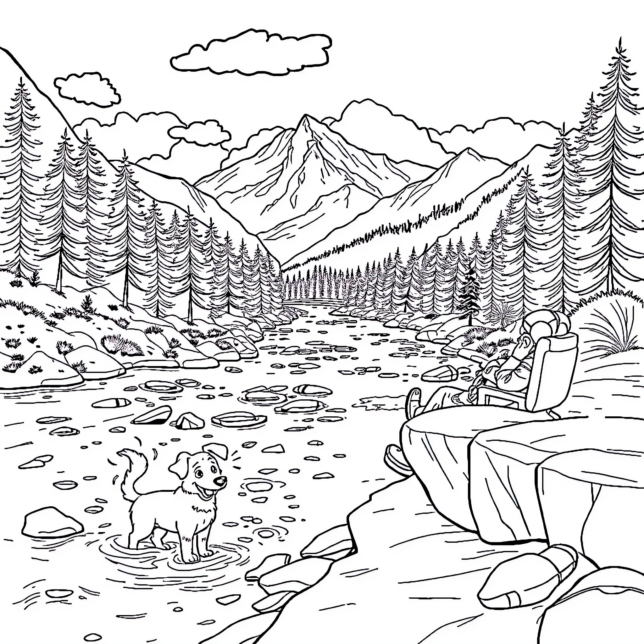 Dog enjoying a mountain landscape Coloring Page (free black-and-white line drawing printable PDF for all, from beginners to advanced learners, including children, teens, adults, and seniors)