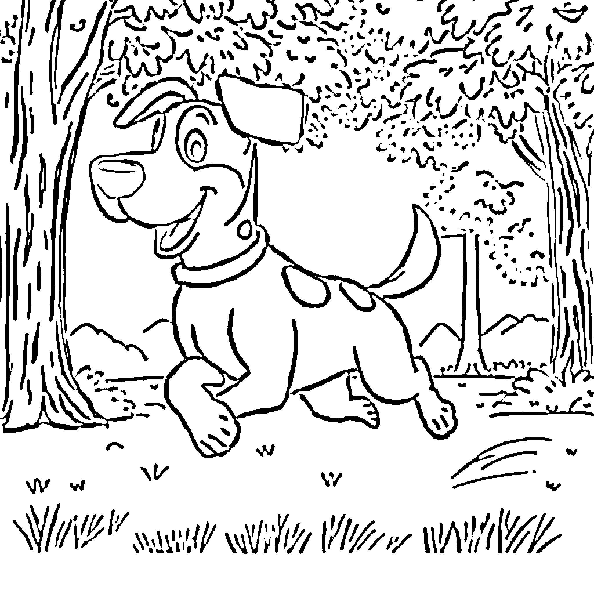 Dog playing joyfully in forest Coloring Page (free black-and-white line drawing printable PDF for all, from beginners to advanced learners, including children, teens, adults, and seniors)