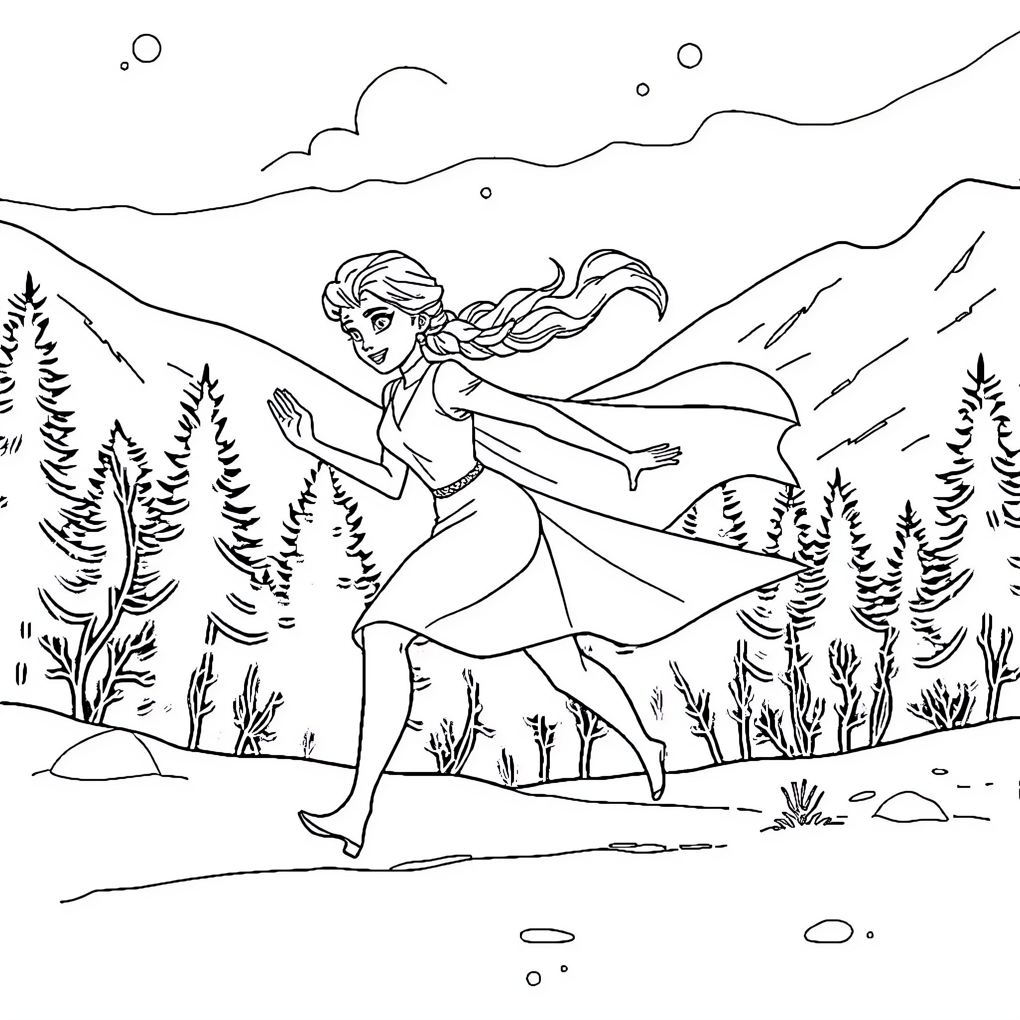 Elsa enjoying the snowy landscapes in the wilderness Coloring Page (free black-and-white line drawing printable PDF for all, from beginners to advanced learners, including children, teens, adults, and seniors)