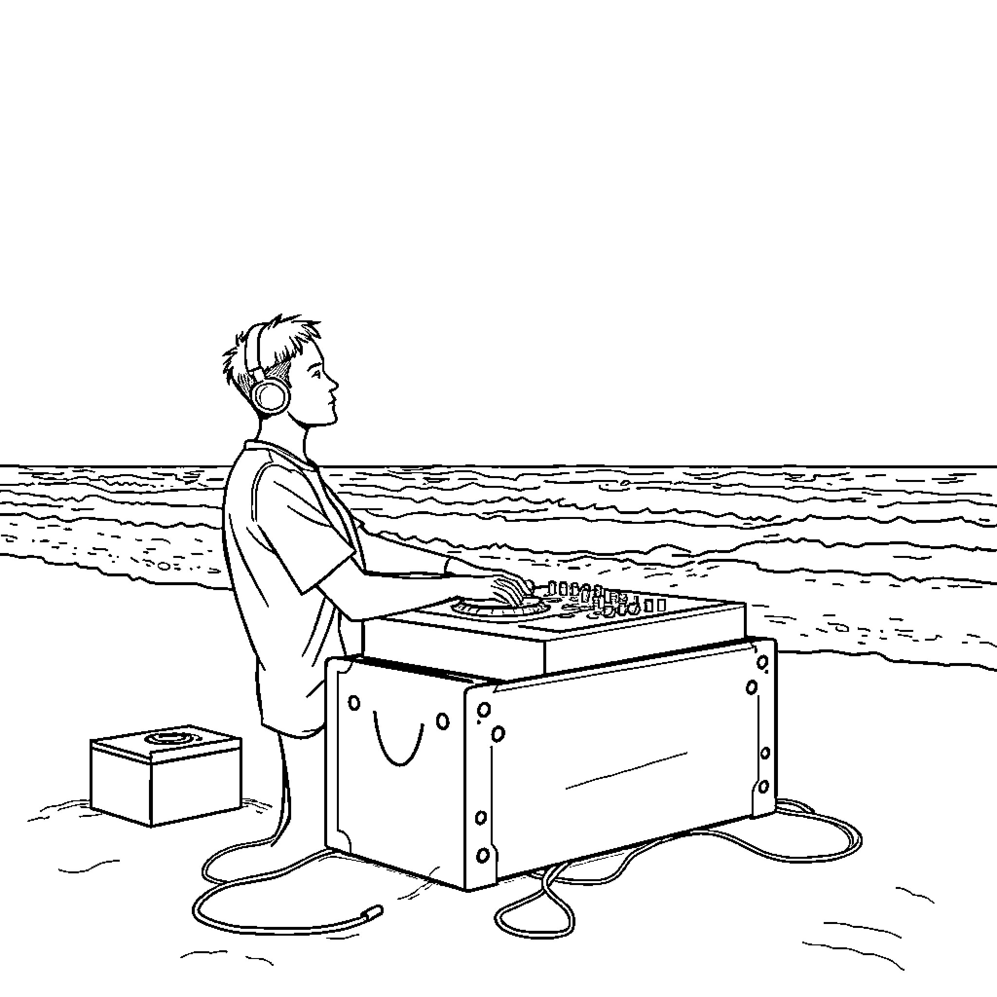 DJ performing by the ocean Coloring Page (free black-and-white line drawing printable PDF for all, from beginners to advanced learners, including children, teens, adults, and seniors)