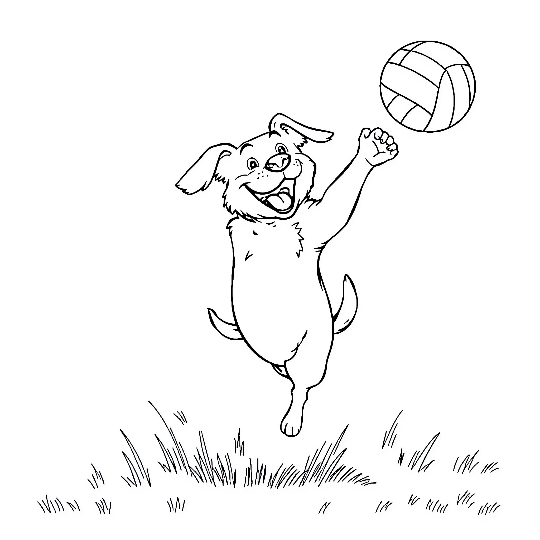 Dog happily playing with volleyball on grassy field Coloring Page (free black-and-white line drawing printable PDF for all, from beginners to advanced learners, including children, teens, adults, and seniors)