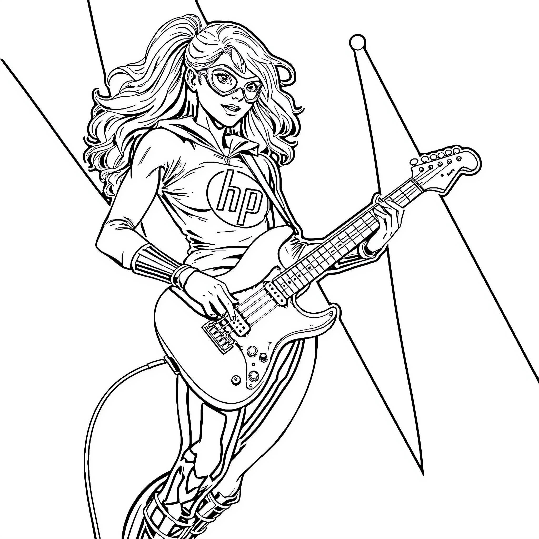 Superhero Musician Rocks the Stage with Guitar Coloring Page (free black-and-white line drawing printable PDF for all, from beginners to advanced learners, including children, teens, adults, and seniors)