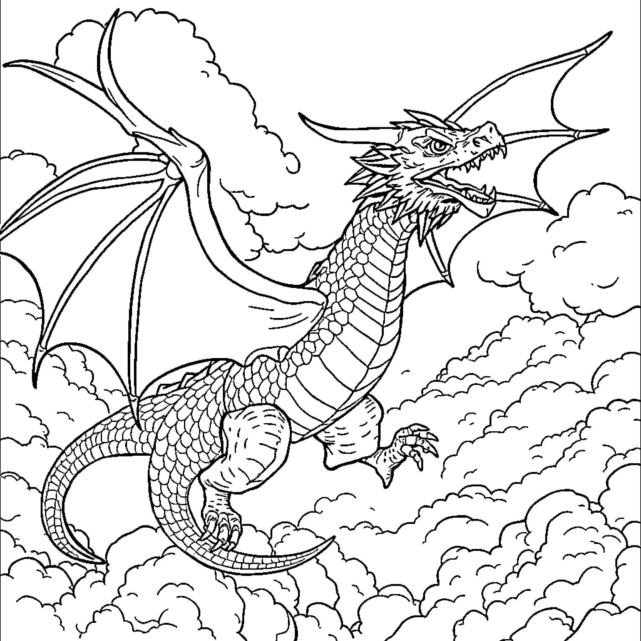 Dragon soaring through the cloudy skies Coloring Page (free black-and-white line drawing printable PDF for all, from beginners to advanced learners, including children, teens, adults, and seniors)