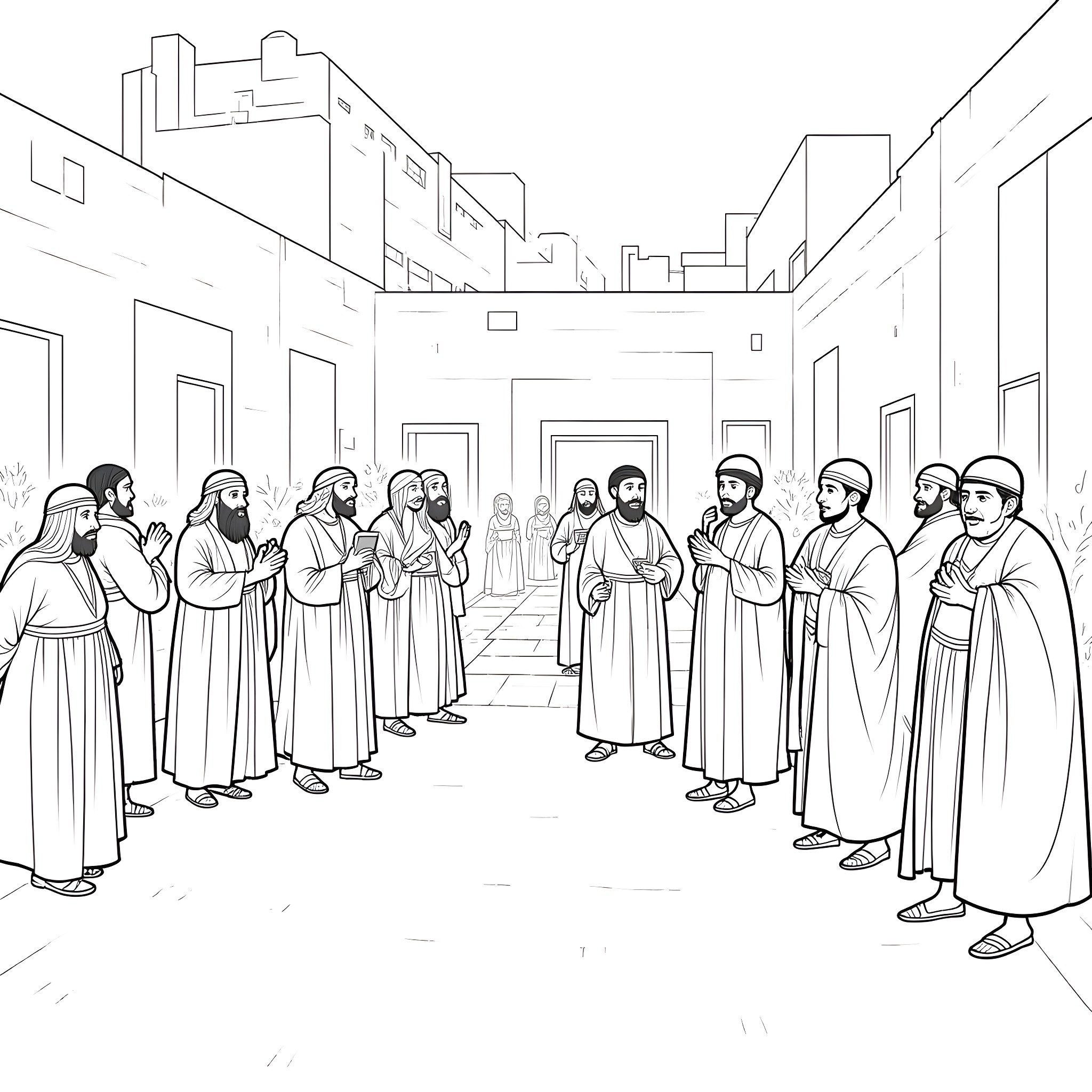 Courtyard gathering of robed figures in an urban setting Coloring Page (free black-and-white line drawing printable PDF for all, from beginners to advanced learners, including children, teens, adults, and seniors)