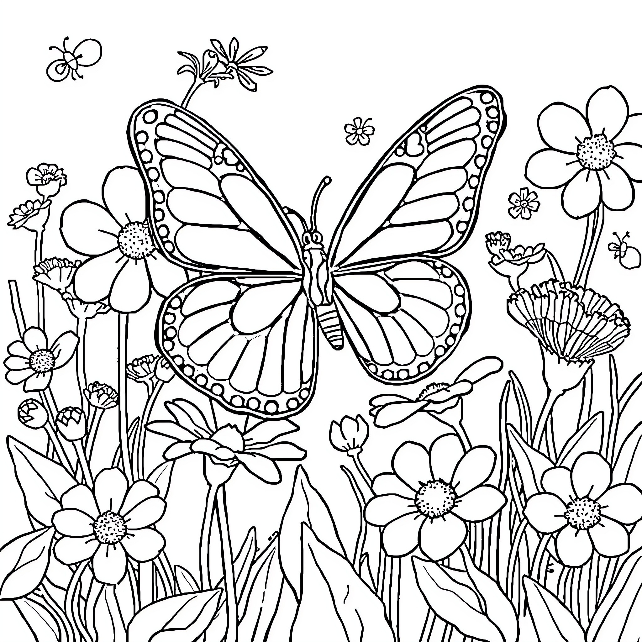 Papillon dancing among blooming flowers Coloring Page (free black-and-white line drawing printable PDF for all, from beginners to advanced learners, including children, teens, adults, and seniors)