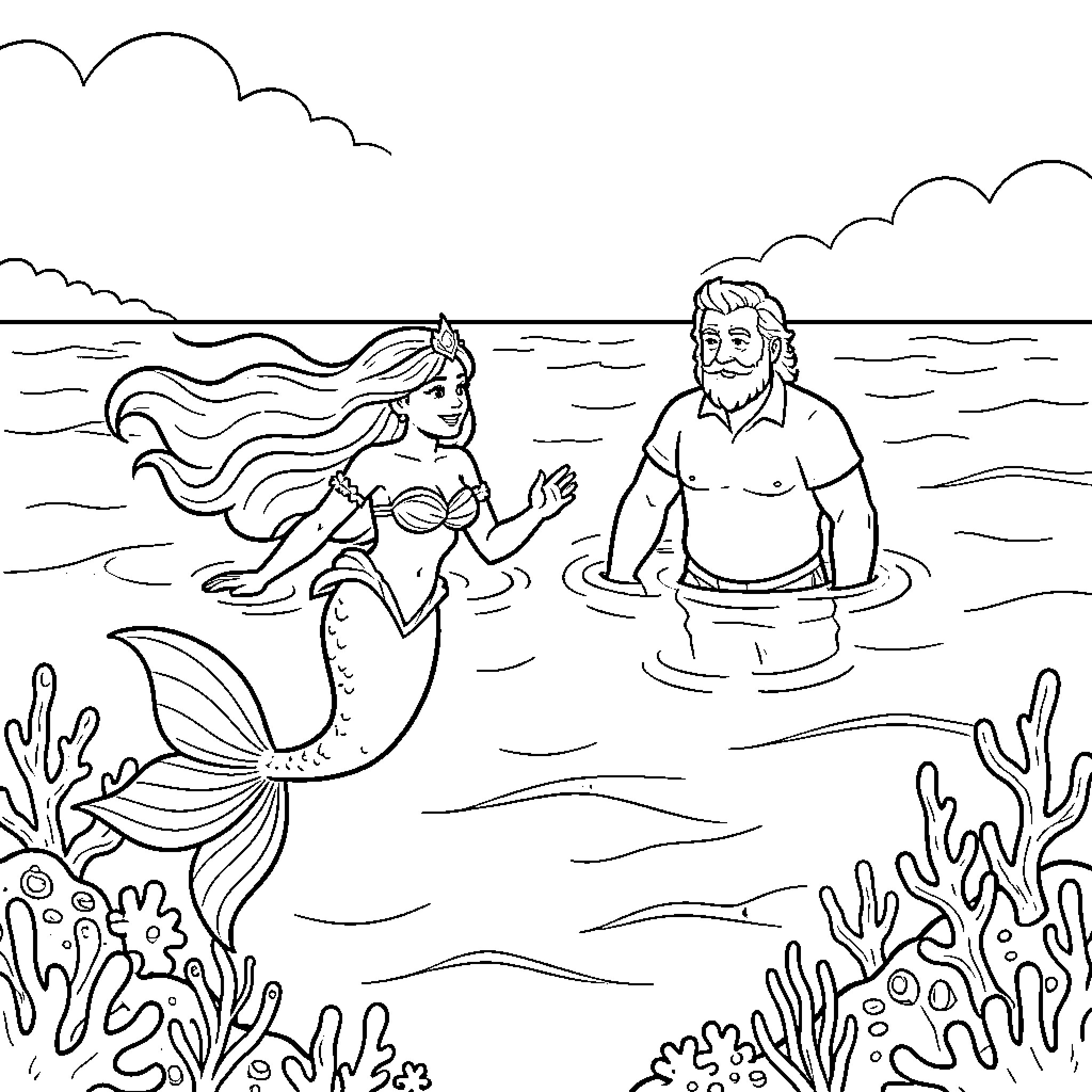 Sirenita and the Elderly Man in the Ocean Coloring Page (free black-and-white line drawing printable PDF for all, from beginners to advanced learners, including children, teens, adults, and seniors)