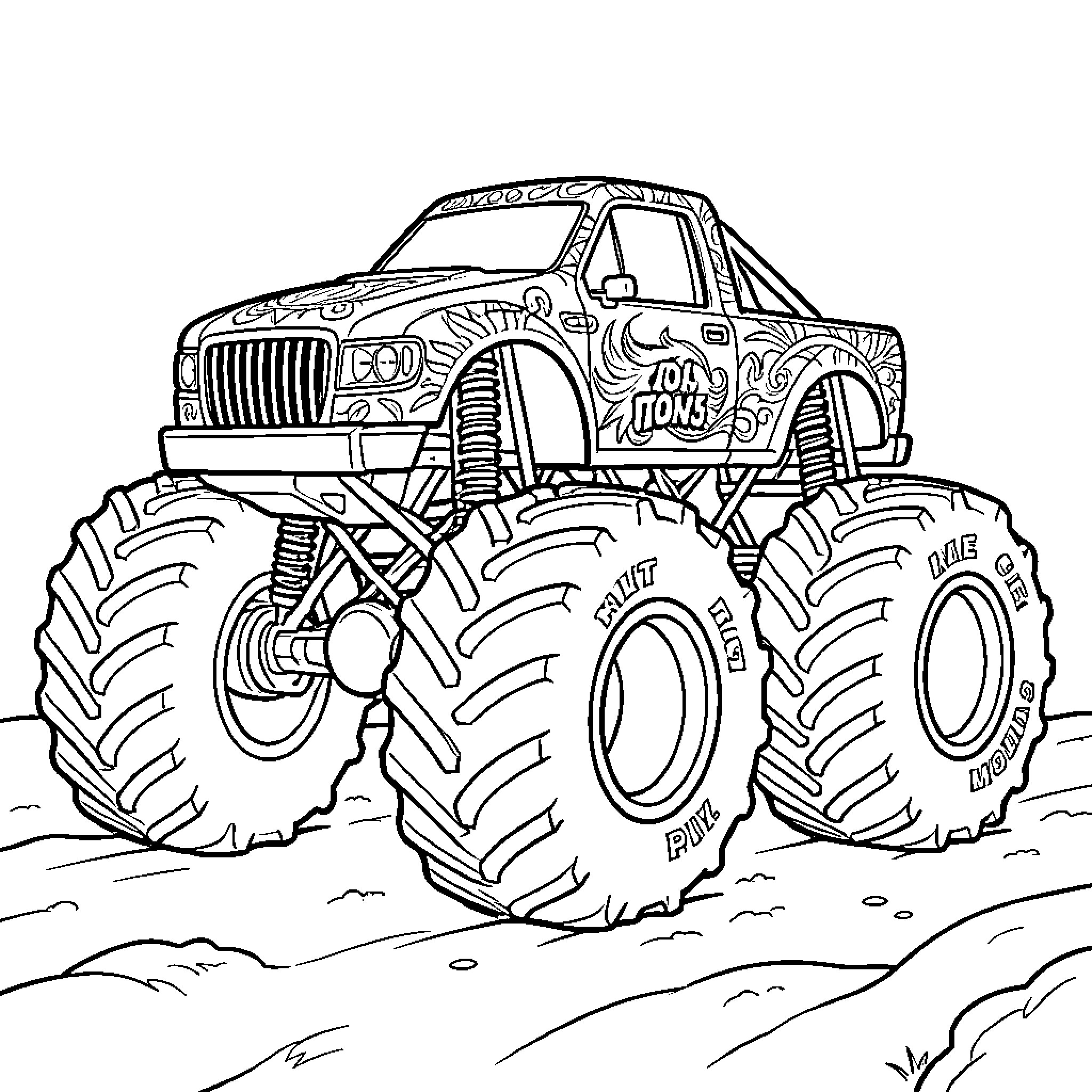 Monster Truck Crushing Through Obstacles Coloring Page (free black-and-white line drawing printable PDF for all, from beginners to advanced learners, including children, teens, adults, and seniors)