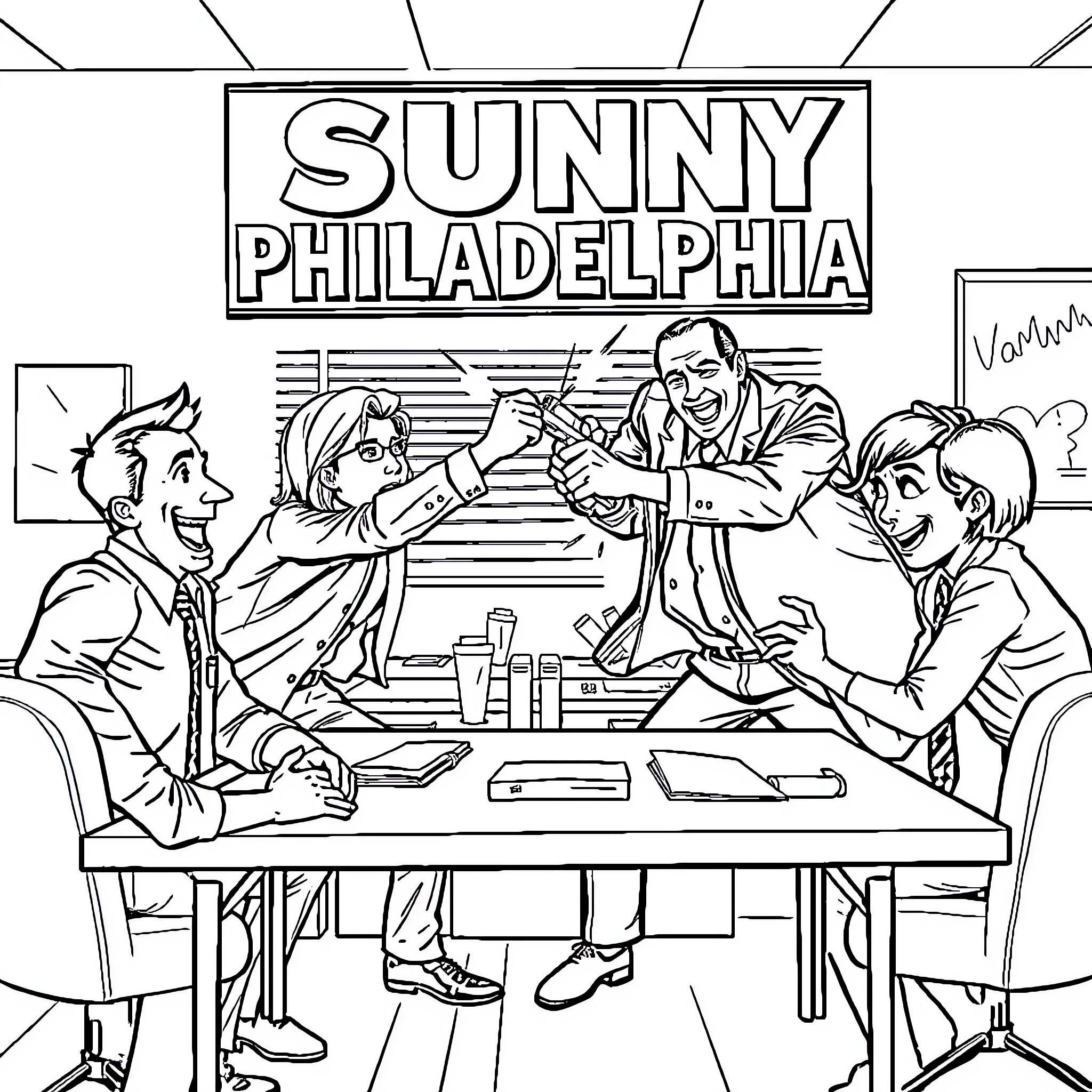 Cast celebrating and interacting in 'Sunny Philadelphia' Coloring Page (free black-and-white line drawing printable PDF for all, from beginners to advanced learners, including children, teens, adults, and seniors)