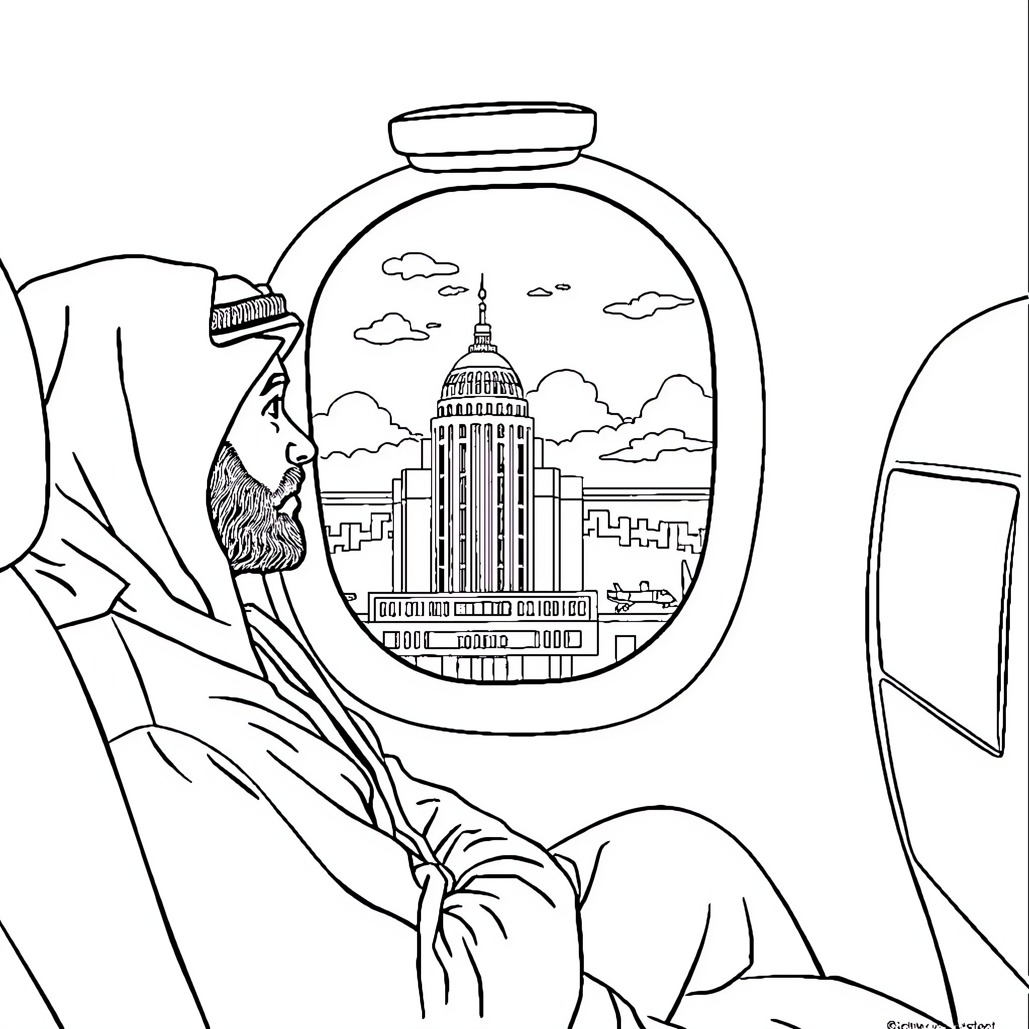Man admiring the city skyline in a snow globe Coloring Page (free black-and-white line drawing printable PDF for all, from beginners to advanced learners, including children, teens, adults, and seniors)