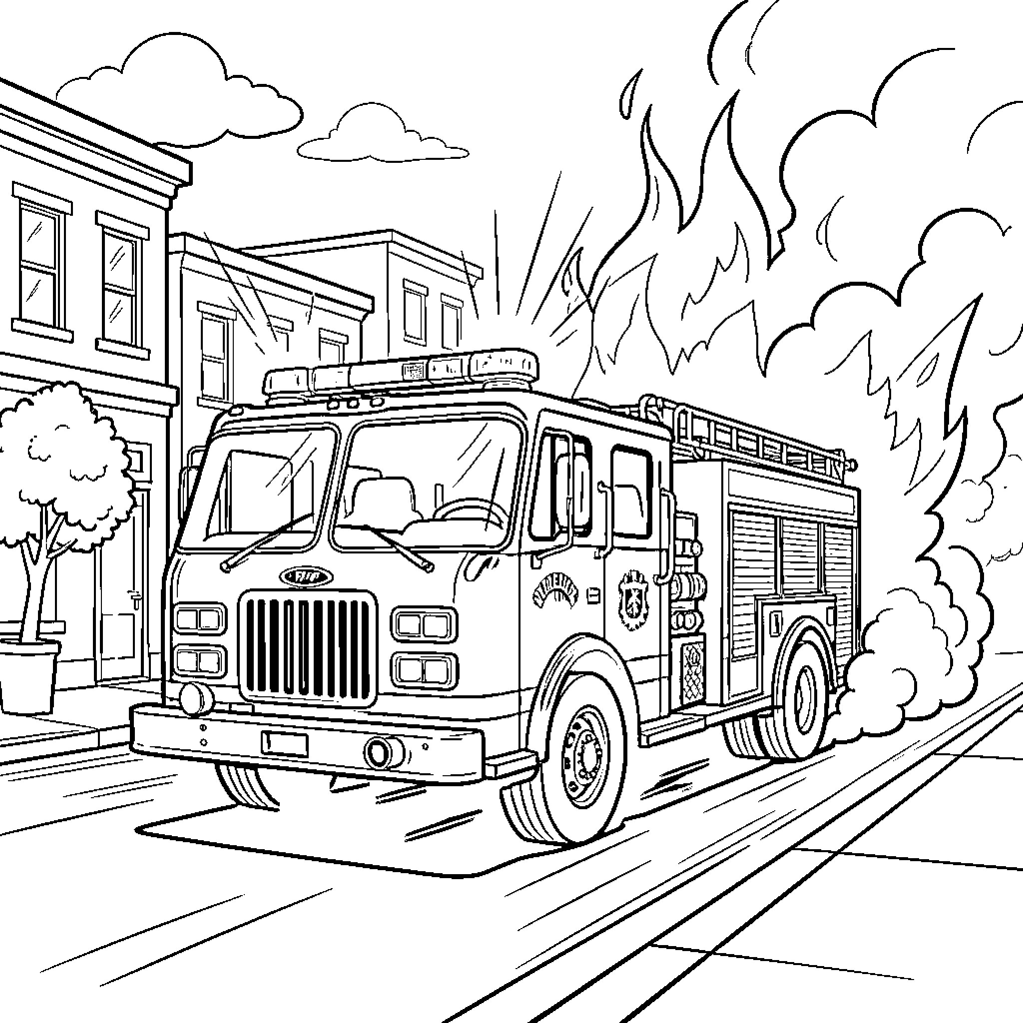 Fire Engine Rushing to Emergency Scene with Sirens Blaring Coloring Page (free black-and-white line drawing printable PDF for all, from beginners to advanced learners, including children, teens, adults, and seniors)