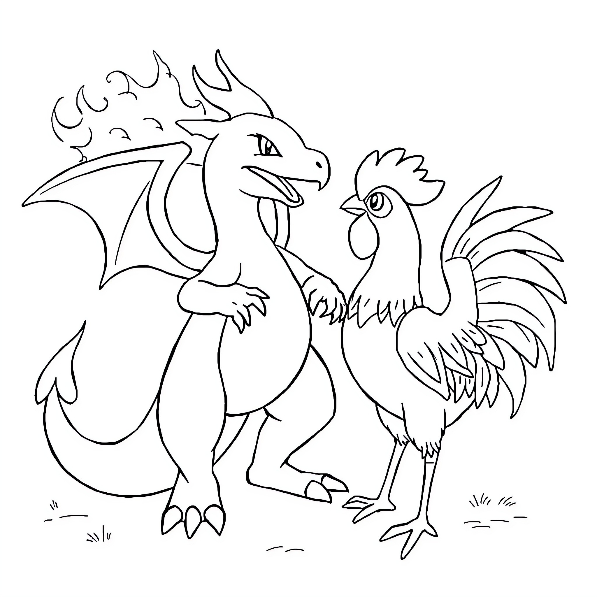 Charizard and Torchic playing together Coloring Page (free black-and-white line drawing printable PDF for all, from beginners to advanced learners, including children, teens, adults, and seniors)