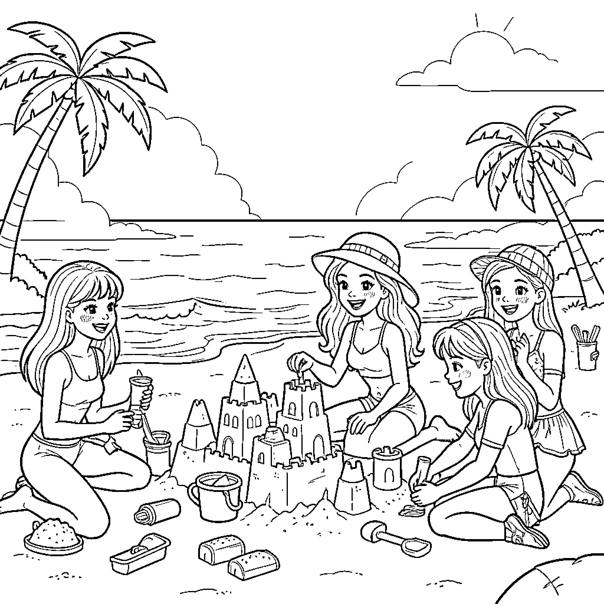 Barbie friends building sandcastles on a sunny beach Coloring Page (free black-and-white line drawing printable PDF for all, from beginners to advanced learners, including children, teens, adults, and seniors)