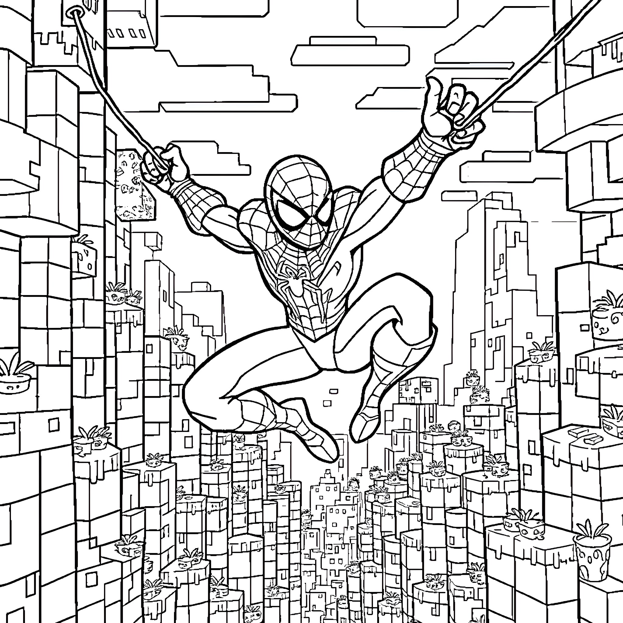 Spiderman swinging through the city skyscrapers Coloring Page (free black-and-white line drawing printable PDF for all, from beginners to advanced learners, including children, teens, adults, and seniors)