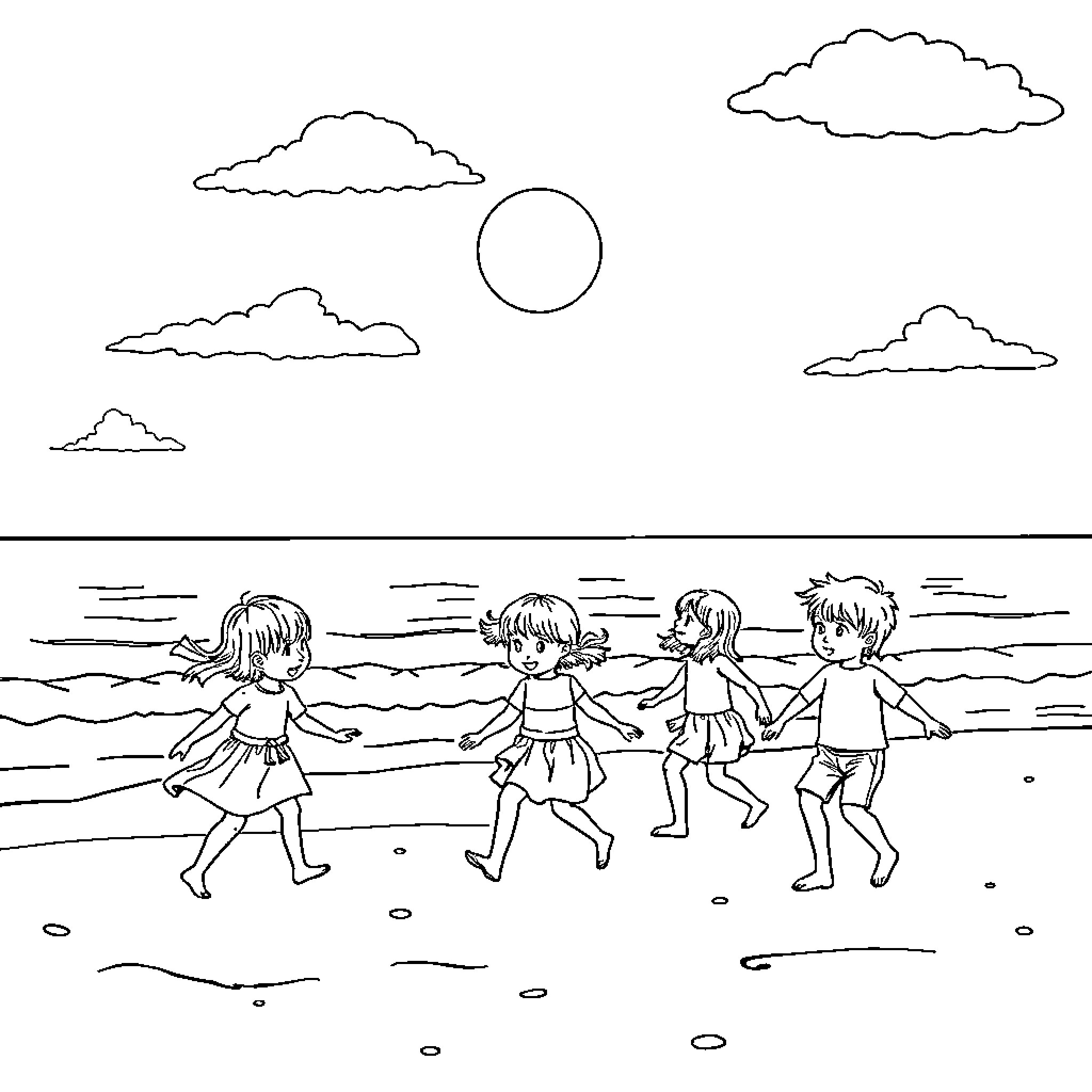 Bullerby Children playing at the beach Coloring Page (free black-and-white line drawing printable PDF for all, from beginners to advanced learners, including children, teens, adults, and seniors)