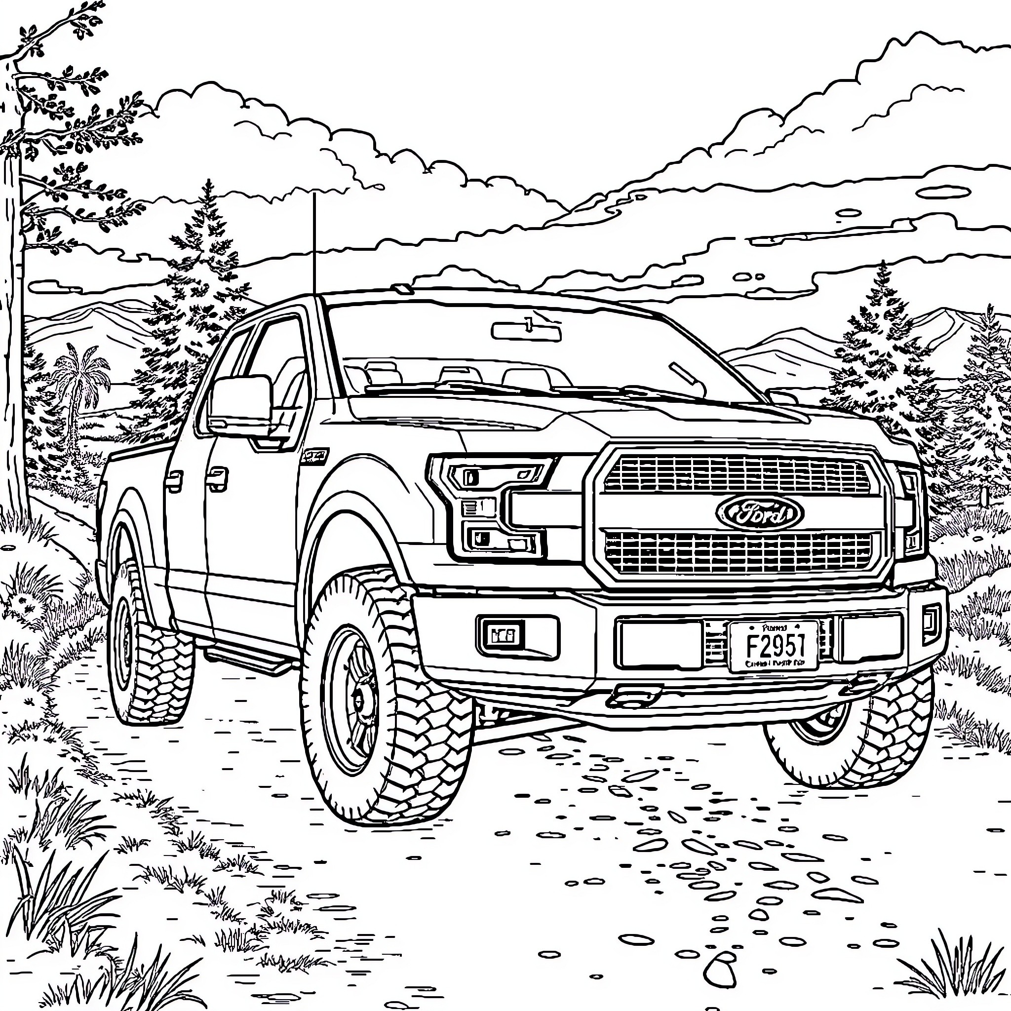 Ford F-150 off-road adventure in rugged terrain Coloring Page (free black-and-white line drawing printable PDF for all, from beginners to advanced learners, including children, teens, adults, and seniors)