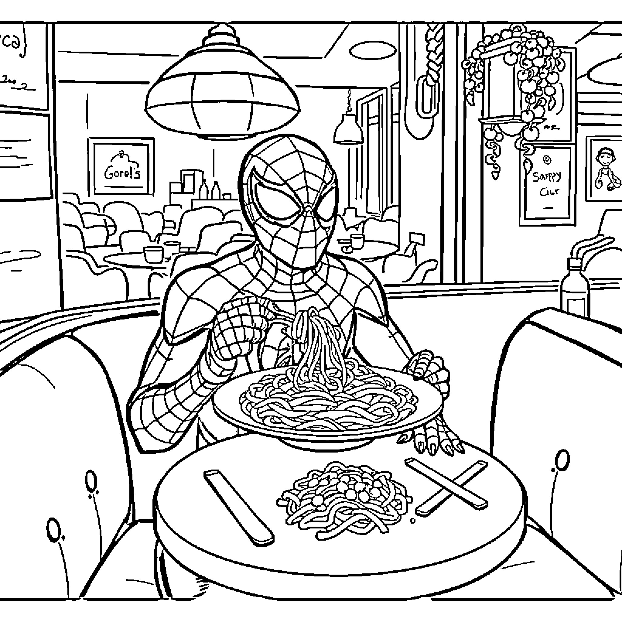 Spiderman enjoying a hearty meal in a cozy diner Coloring Page (free black-and-white line drawing printable PDF for all, from beginners to advanced learners, including children, teens, adults, and seniors)
