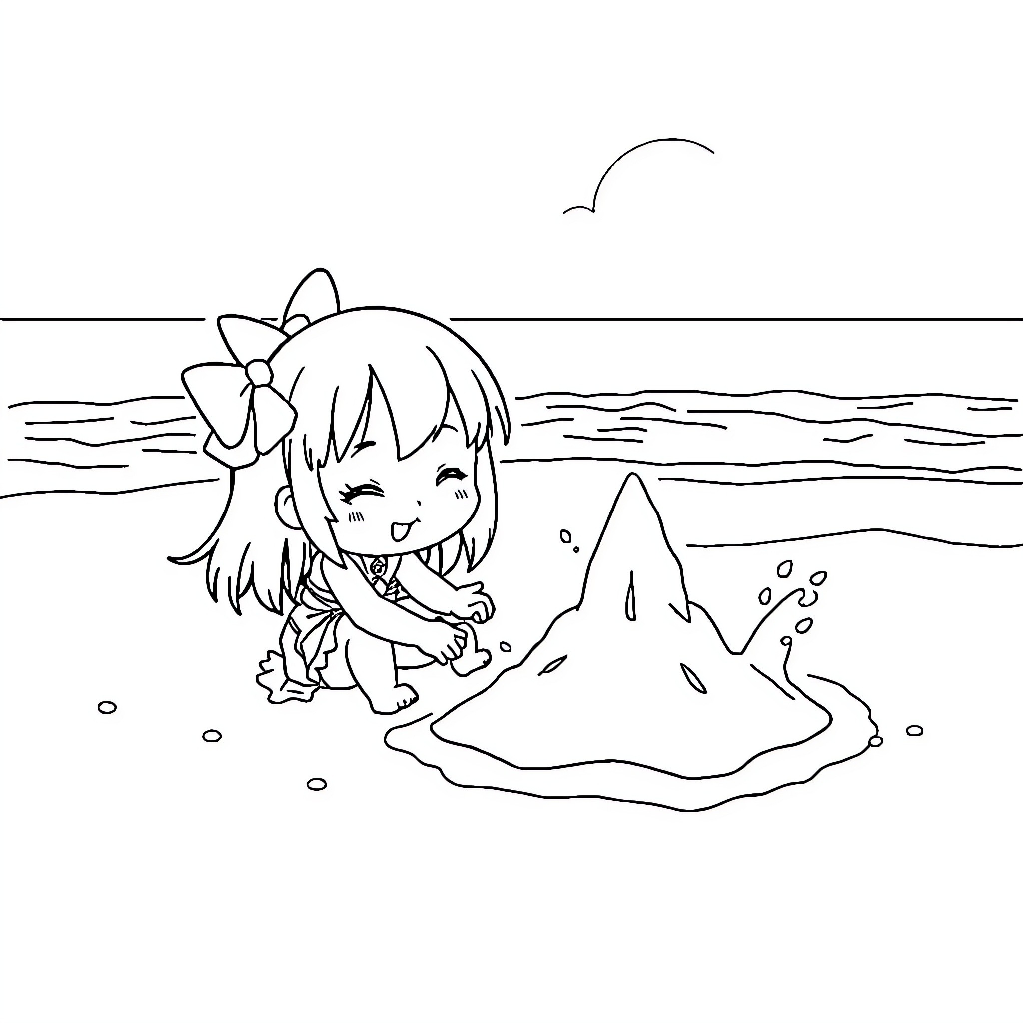 Kuromi playing happily on the beach Coloring Page (free black-and-white line drawing printable PDF for all, from beginners to advanced learners, including children, teens, adults, and seniors)