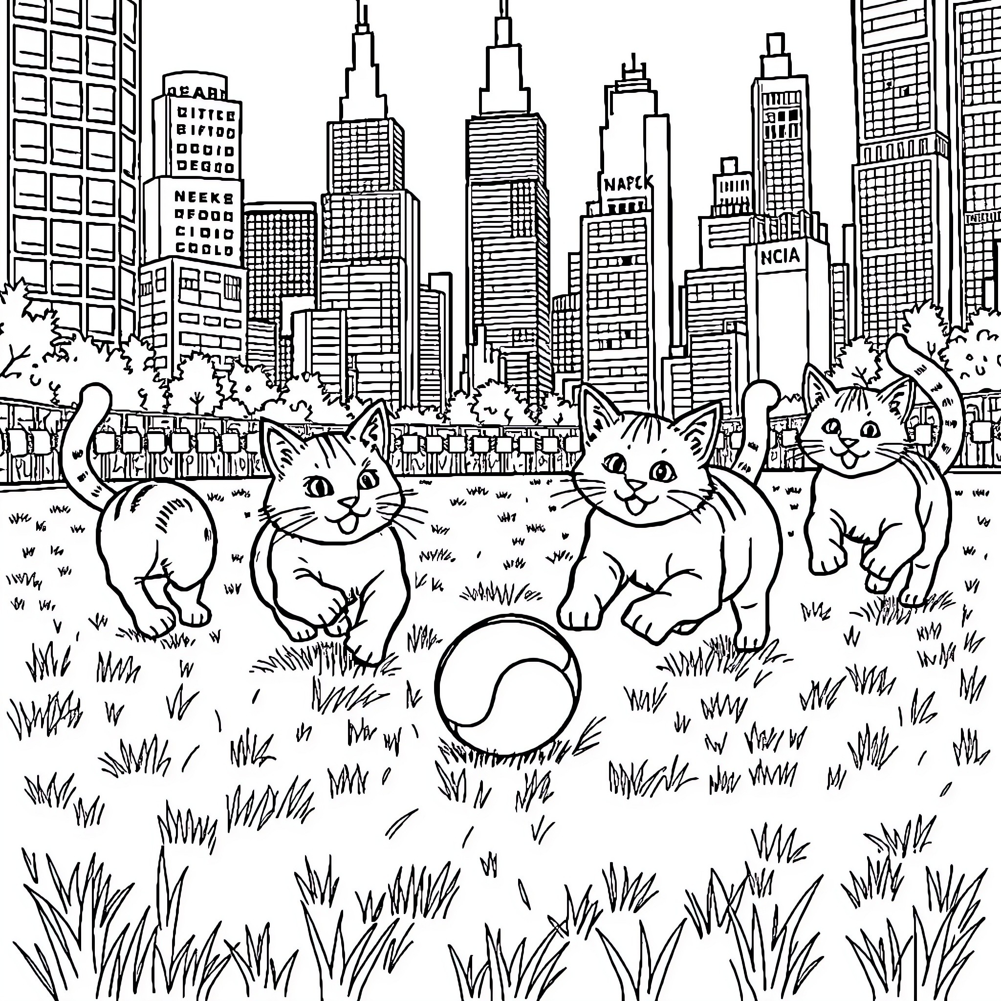Cats exploring a city park Coloring Page (free black-and-white line drawing printable PDF for all, from beginners to advanced learners, including children, teens, adults, and seniors)