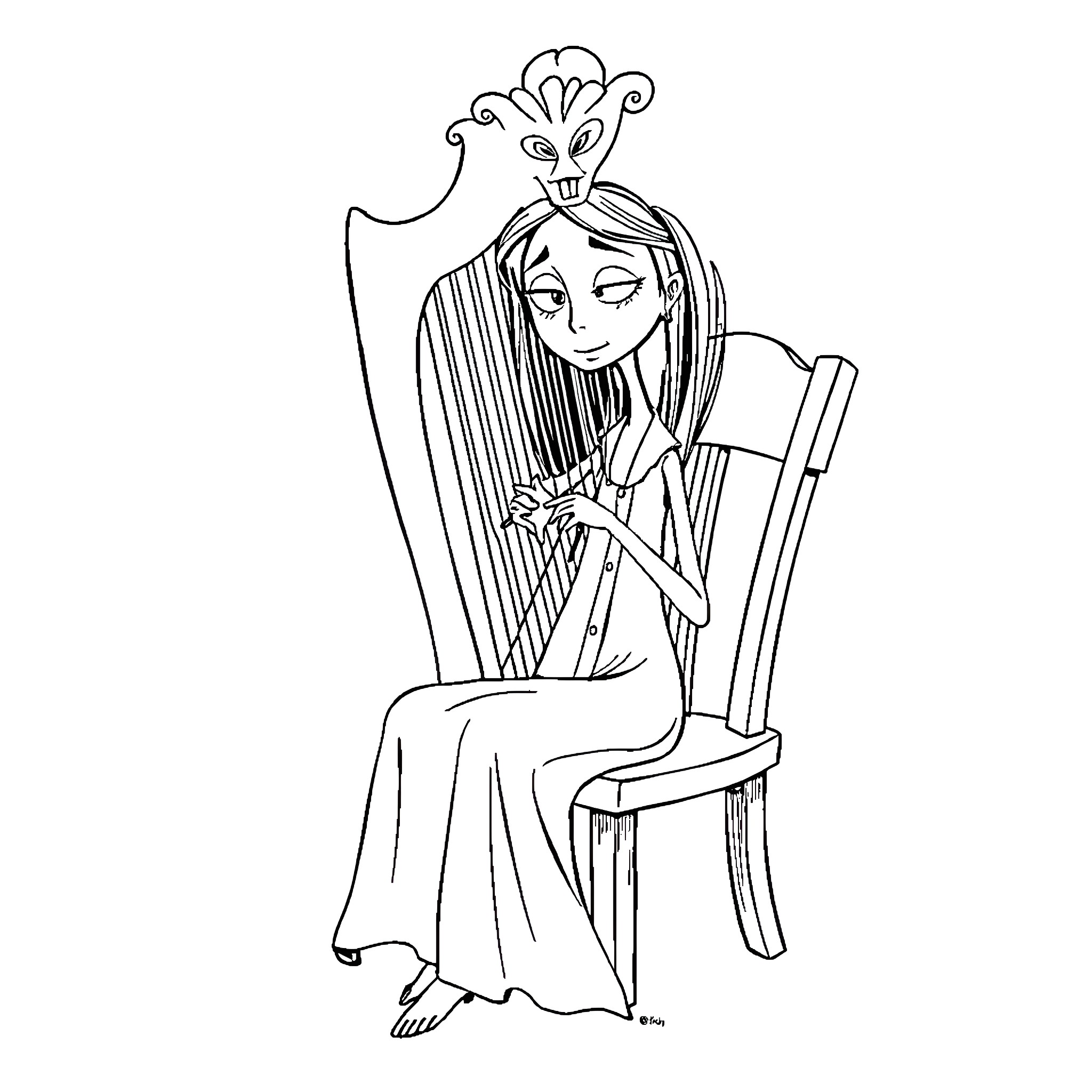 Coraline sitting thoughtfully in ornate chair Coloring Page (free black-and-white line drawing printable PDF for all, from beginners to advanced learners, including children, teens, adults, and seniors)