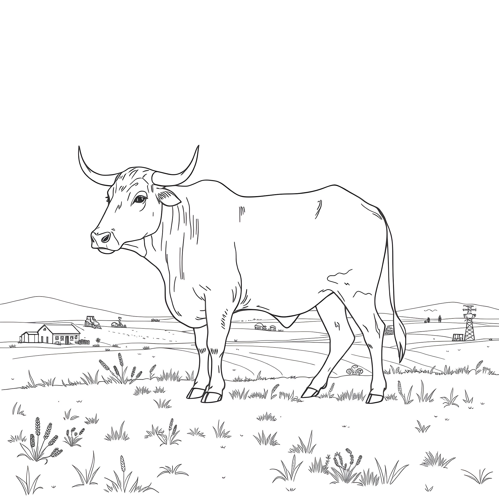 Ox standing in a rural landscape Coloring Page (free black-and-white line drawing printable PDF for all, from beginners to advanced learners, including children, teens, adults, and seniors)