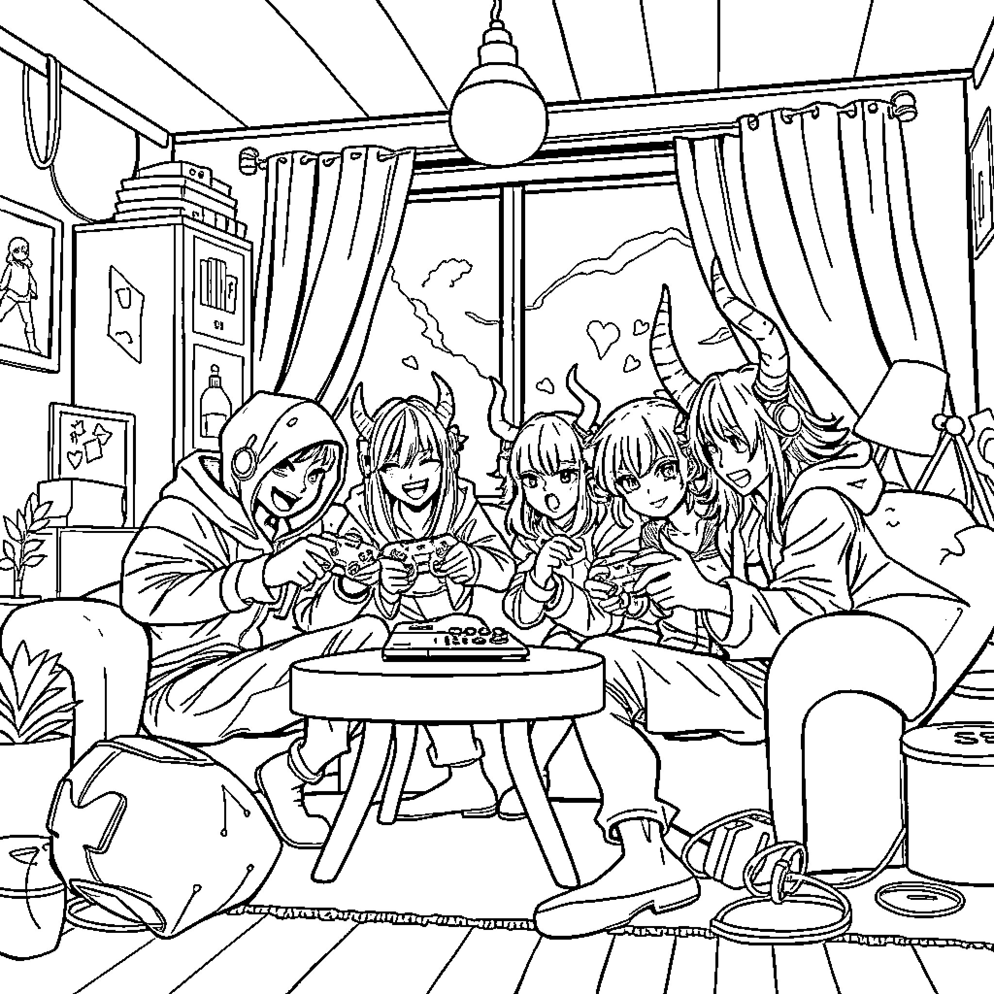 Demon Hunters Enjoying Casual Gathering Coloring Page (free black-and-white line drawing printable PDF for all, from beginners to advanced learners, including children, teens, adults, and seniors)