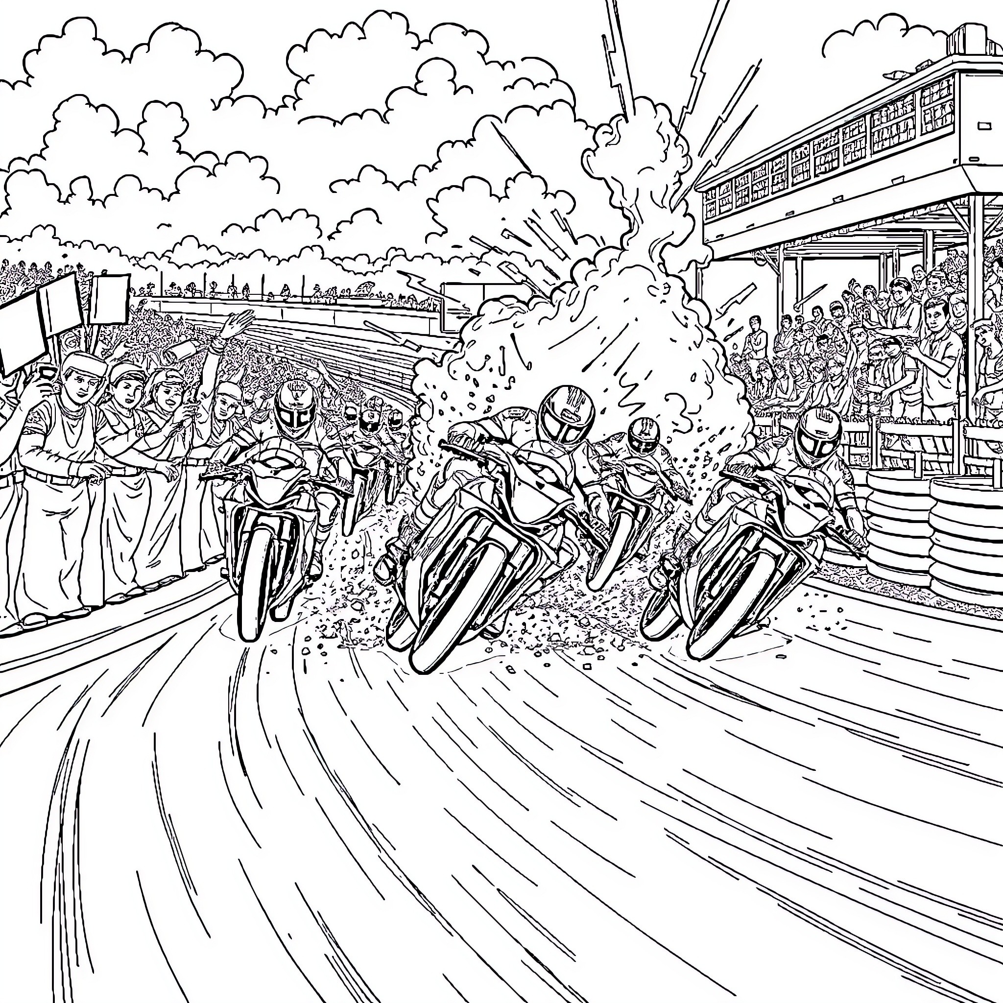 Motorcycle Racing Through Crowded Streets Coloring Page (free black-and-white line drawing printable PDF for all, from beginners to advanced learners, including children, teens, adults, and seniors)