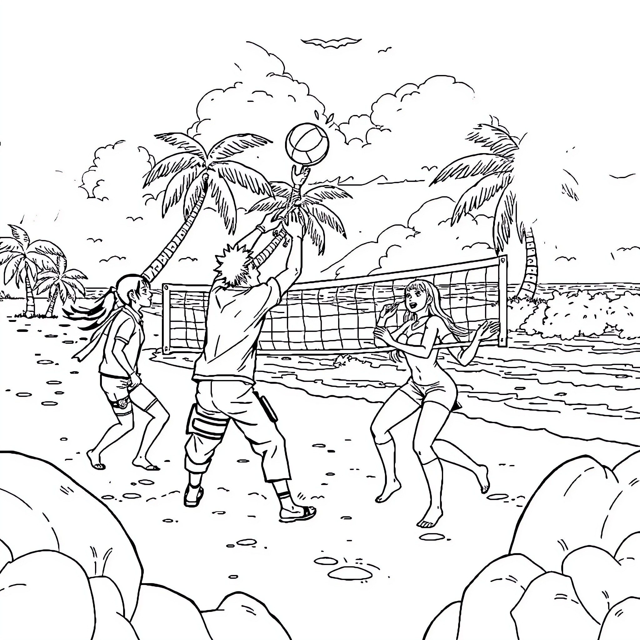 Naruto characters playing beach volleyball in a tropical setting Coloring Page (free black-and-white line drawing printable PDF for all, from beginners to advanced learners, including children, teens, adults, and seniors)
