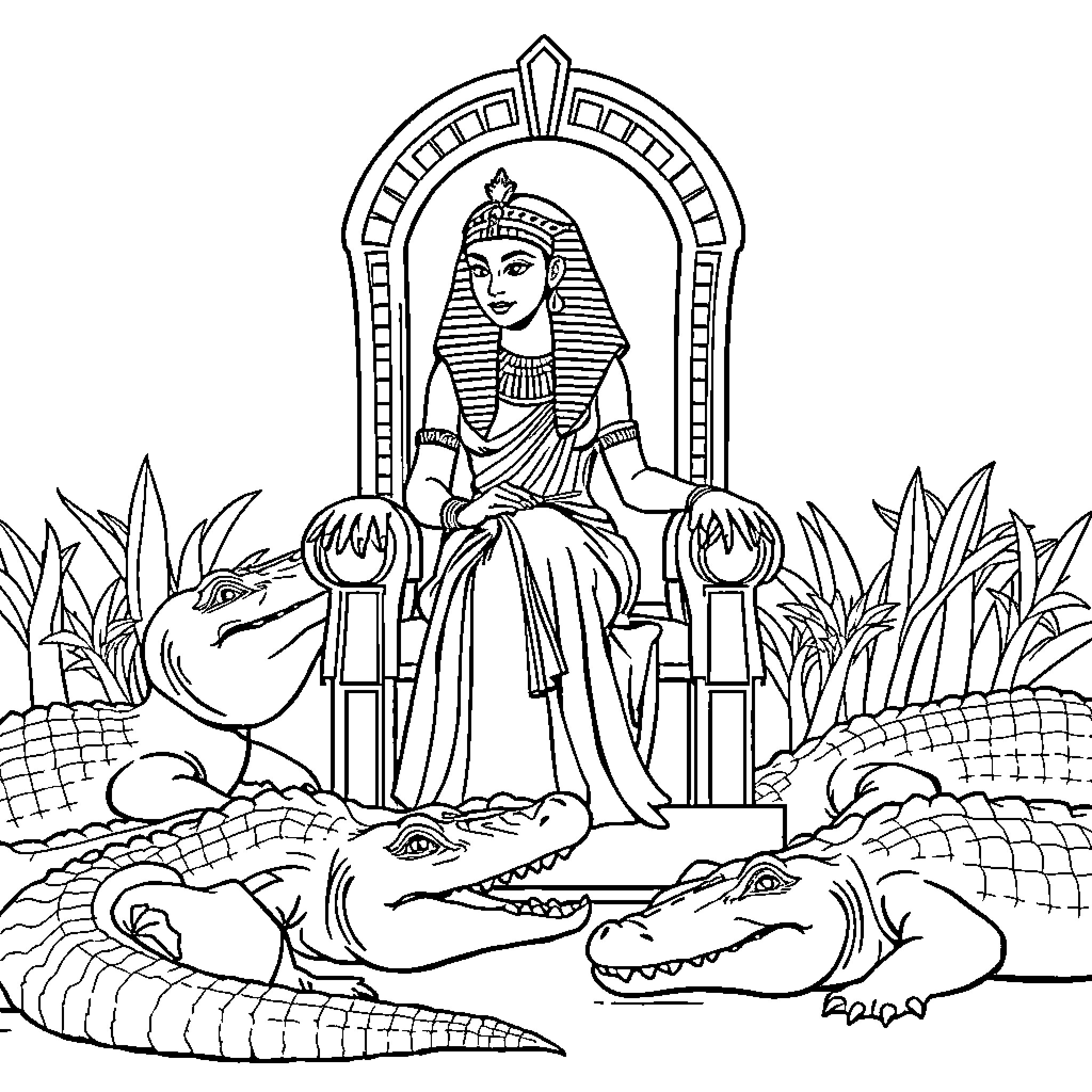 Cleopatra ruling over the Nile with crocodiles Coloring Page (free black-and-white line drawing printable PDF for all, from beginners to advanced learners, including children, teens, adults, and seniors)
