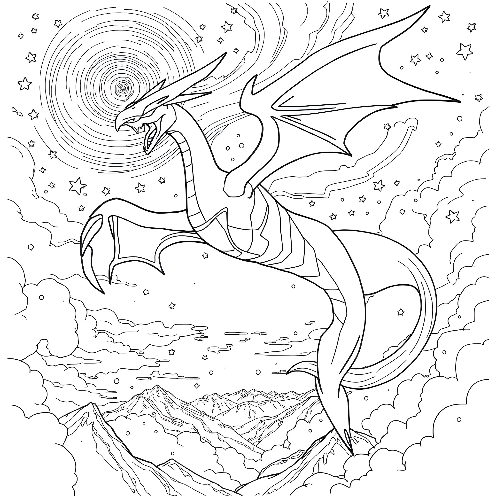 Rayquaza soaring through the cosmic sky Coloring Page (free black-and-white line drawing printable PDF for all, from beginners to advanced learners, including children, teens, adults, and seniors)