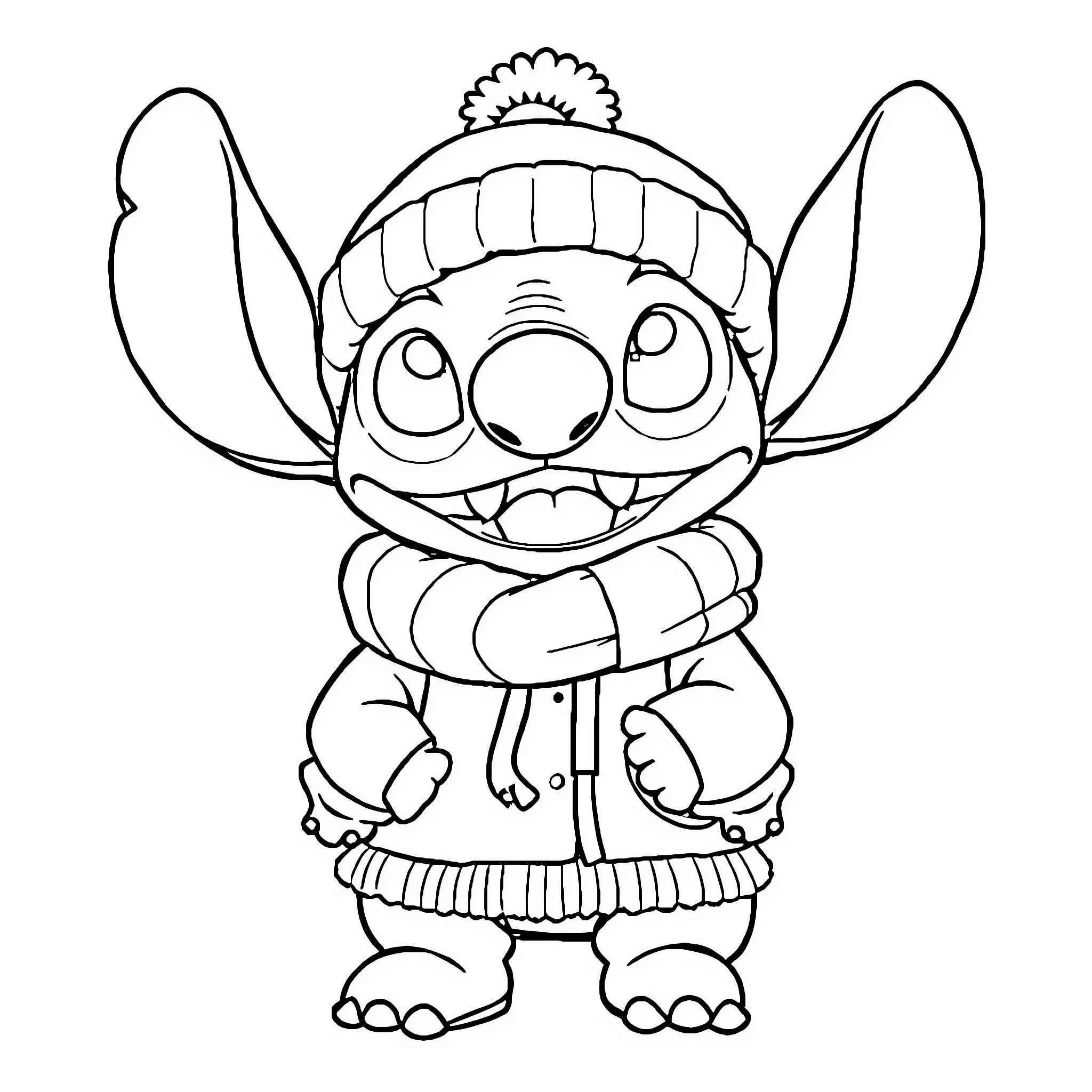 Stitch bundled up in warm winter attire Coloring Page (free black-and-white line drawing printable PDF for all, from beginners to advanced learners, including children, teens, adults, and seniors)