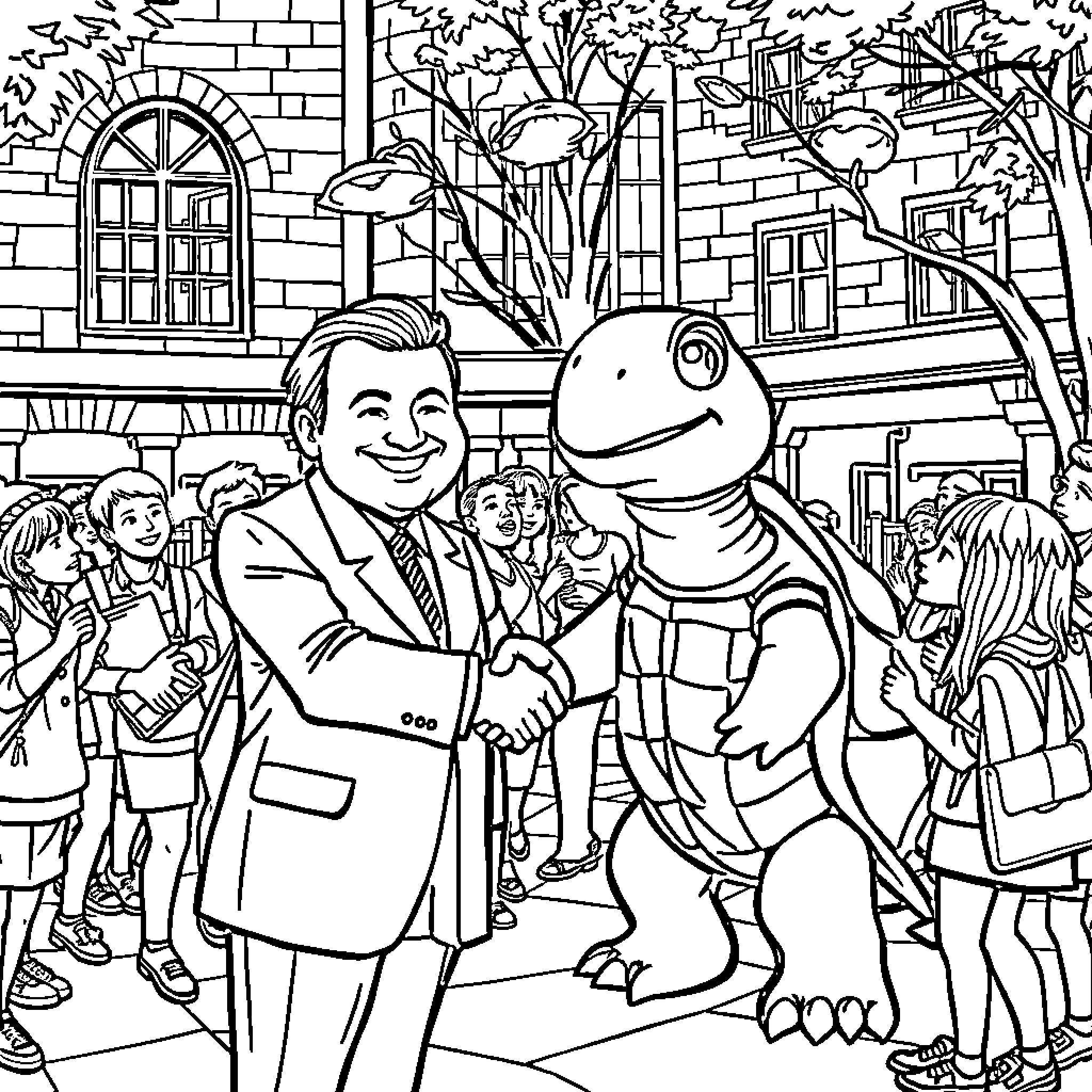 Testudo greeting town official outside school Coloring Page (free black-and-white line drawing printable PDF for all, from beginners to advanced learners, including children, teens, adults, and seniors)