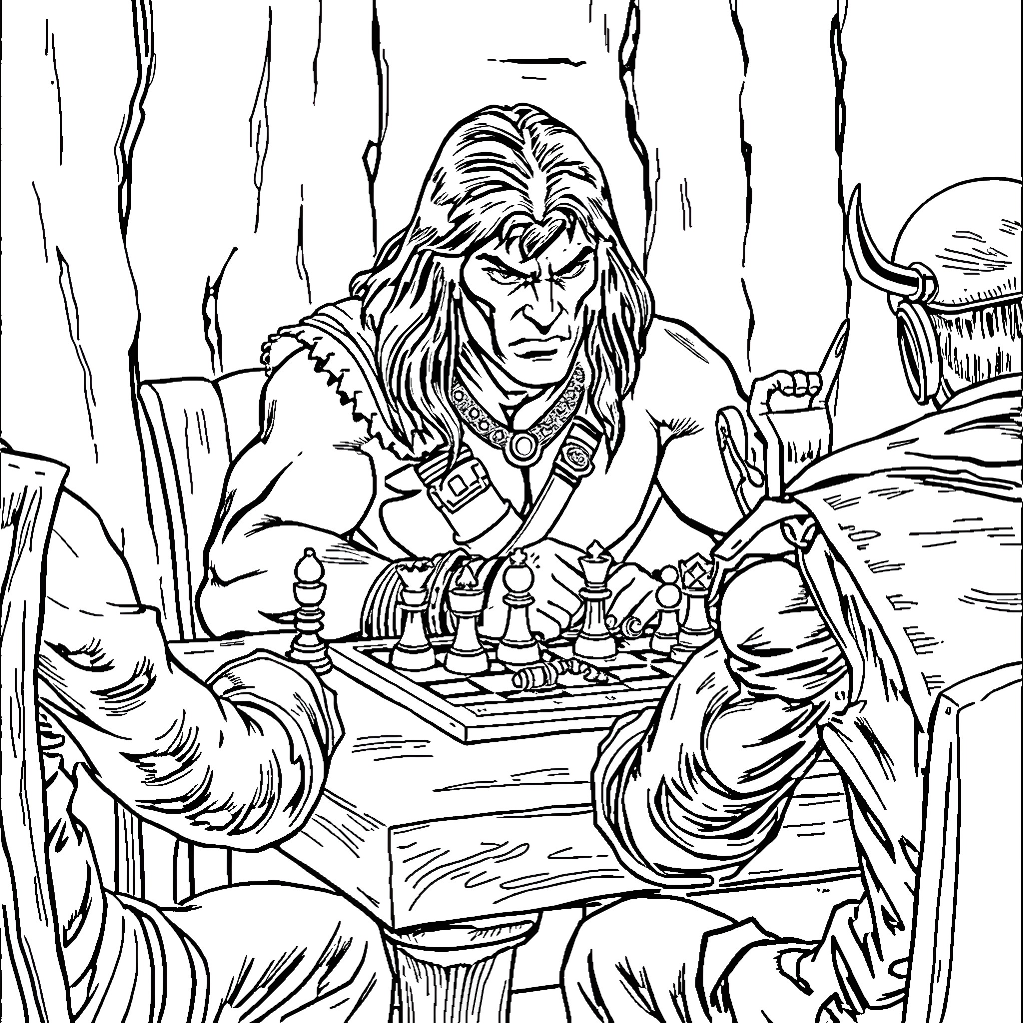 Conan the Warrior Engaged in a Strategic Chess Match Coloring Page (free black-and-white line drawing printable PDF for all, from beginners to advanced learners, including children, teens, adults, and seniors)
