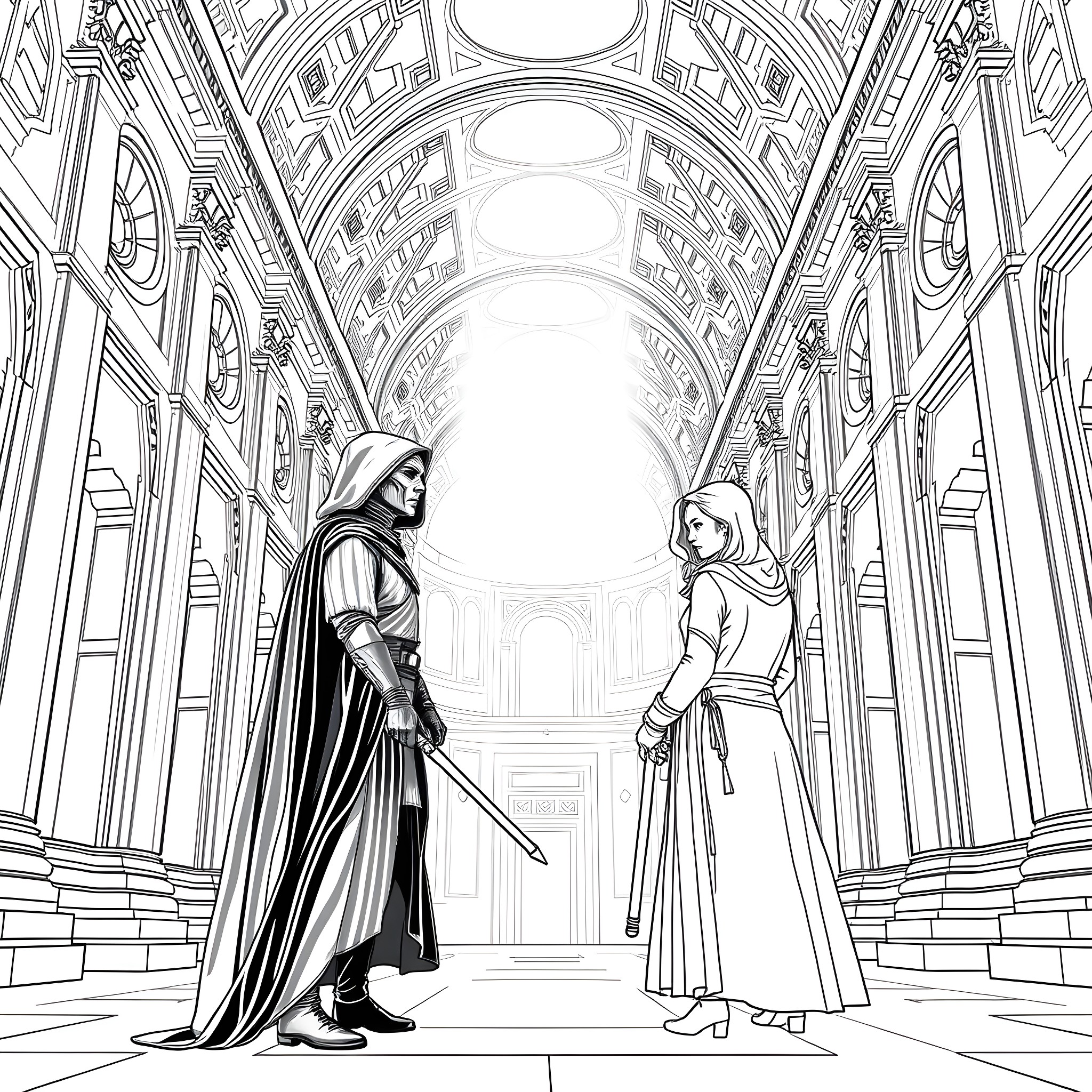 Rey and Kylo in an epic standoff Coloring Page (free black-and-white line drawing printable PDF for all, from beginners to advanced learners, including children, teens, adults, and seniors)